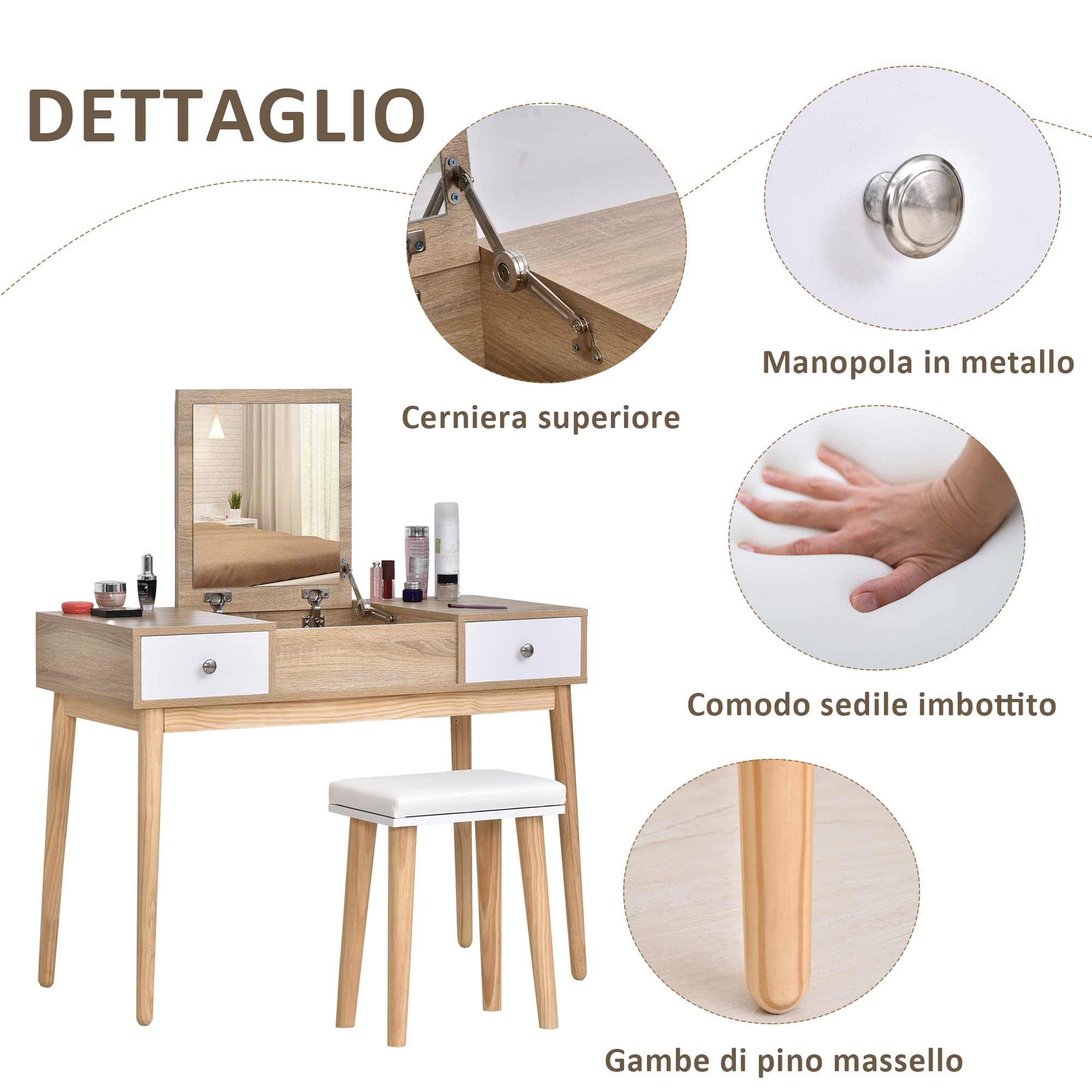 HOMCOM Postazione Trucco Moderno con Specchio Estraibile Color Legno | Toeletta Trucco, Organizer Gioielli, 2 Cassetti, Sgabello