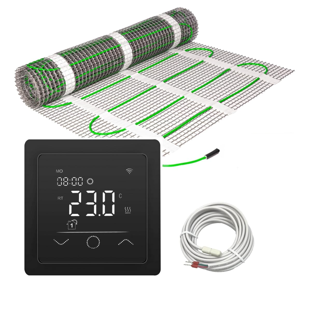 Elektrische Fußbodenheizung HoWaTech Power für Renovierung Komplett Set TWIN Heizmatte 200 W/m² inkl. Touch Thermostat schwarz, Heizfläche:15.00m²