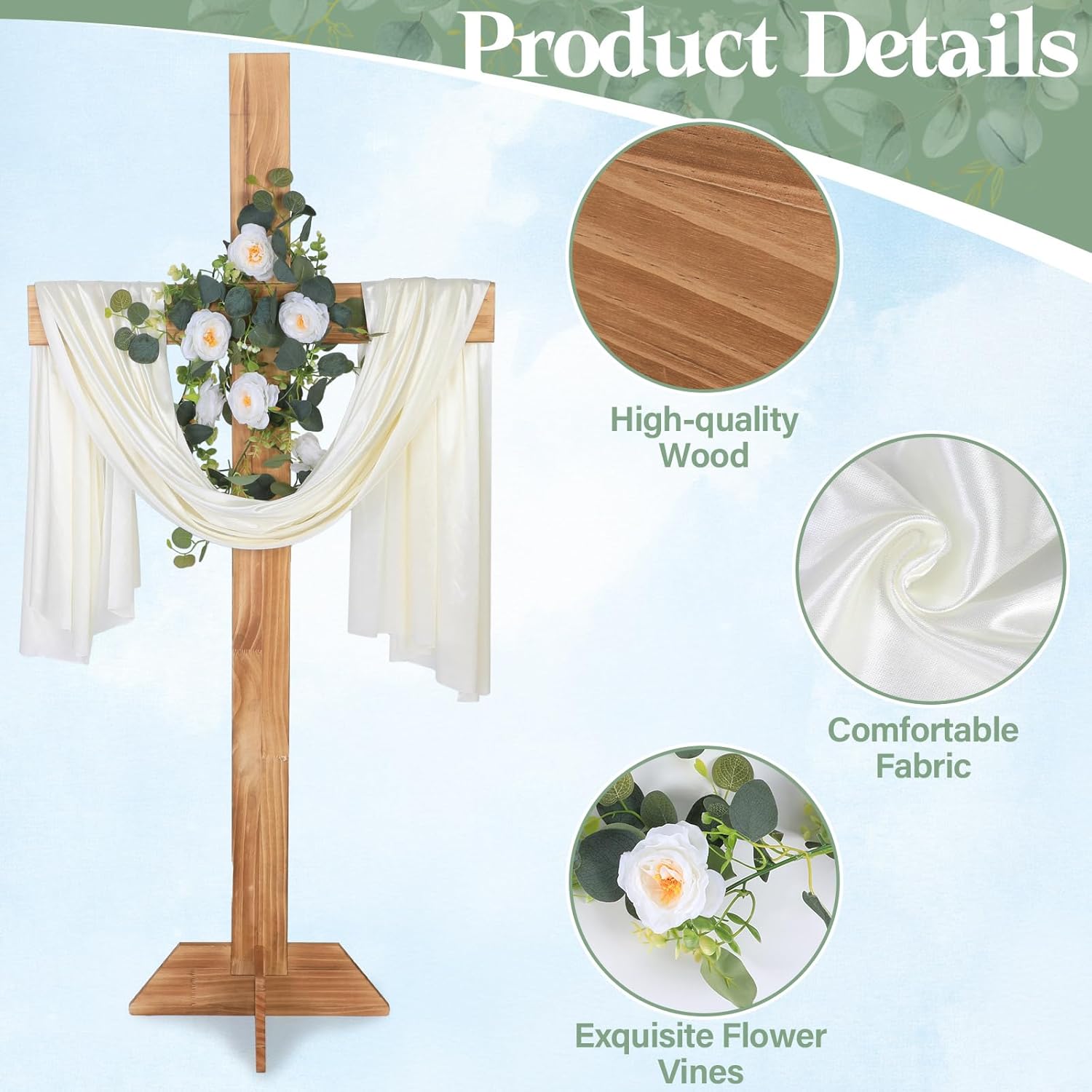 71 Inch Wedding Decorations Wedding Wood Cross and White Ribbons Eucalyptus Garlands Large Standing Cross Decoration Christian Religious Marriage Gifts for Ceremony and Reception Indoor Outdoor Decor