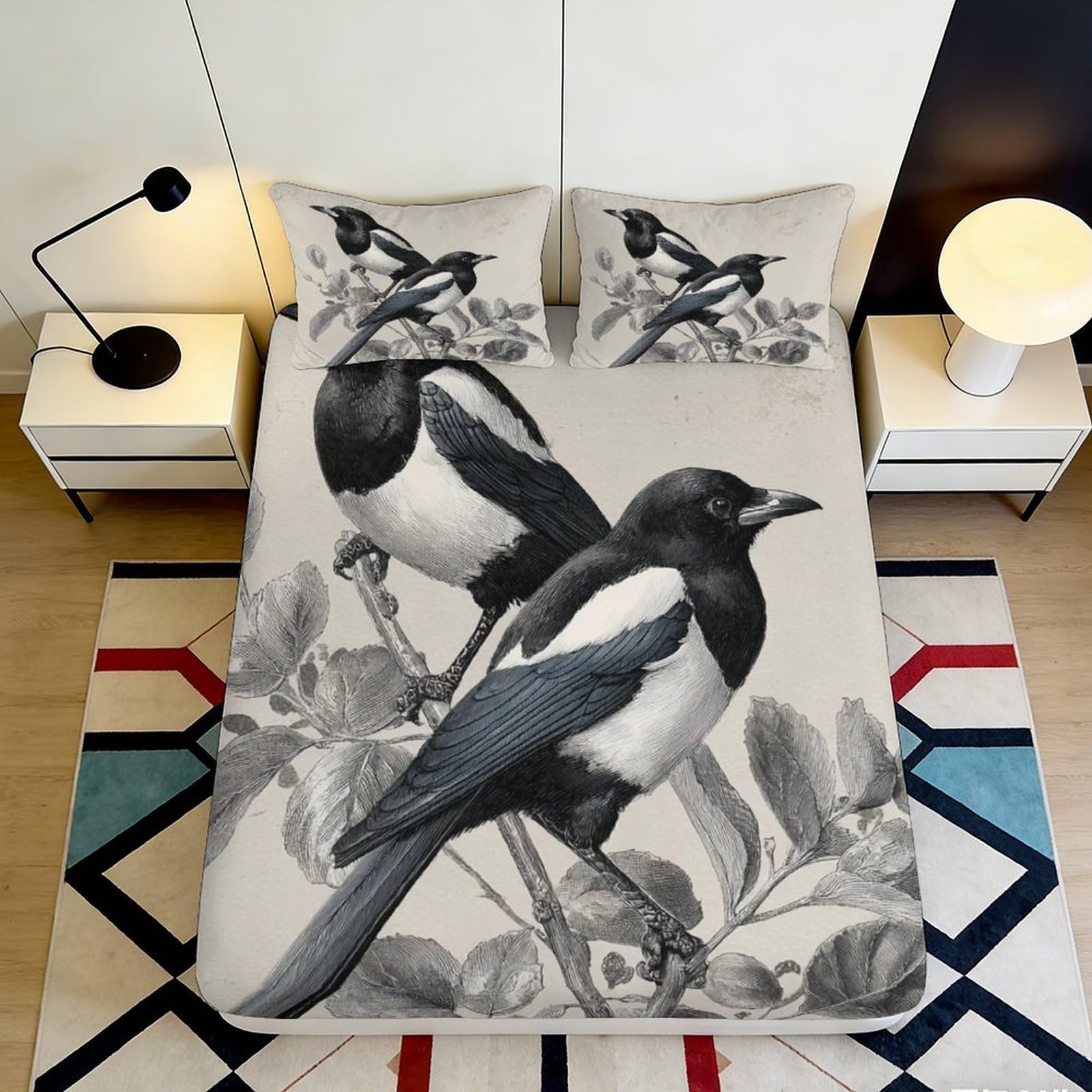 3D Printed Magpie Bird Fitted Sheet Microfiber Soft Black White Nature Branch Mattress Cover Bedroom Decor 90x200x25cm