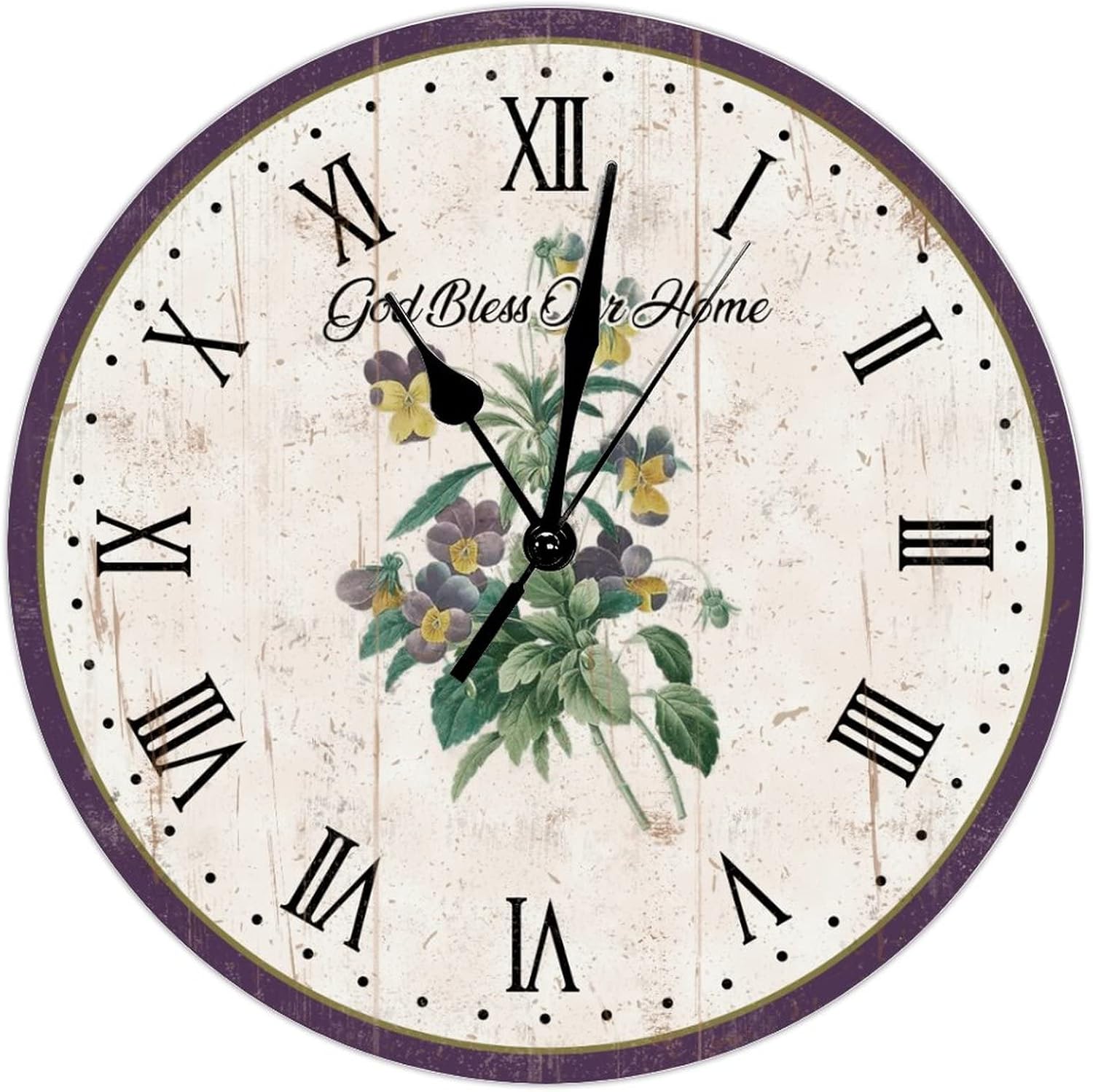 Europe Country Style Purple Pansy Flower Wooden Wall Clock Wildlife Flower 12 Inch Wooden Wall Clocks Battery Operated Silent Rustic Wall Decor Home Decor for Living Room Kitchen Bedroom Office