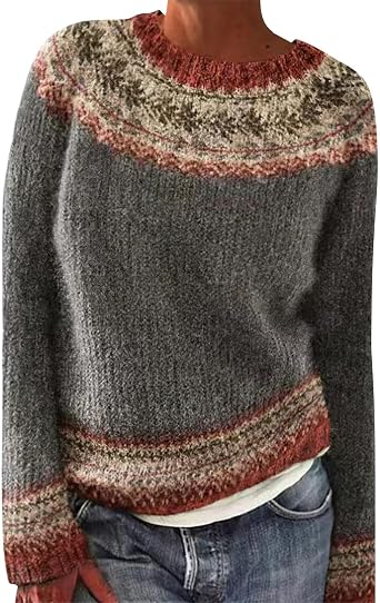 Retro Fair Isle Sweater Women Vintage Boat Neck Knitted Fall Sweaters Lightweight Long Sleeve Christmas Pullover Tops