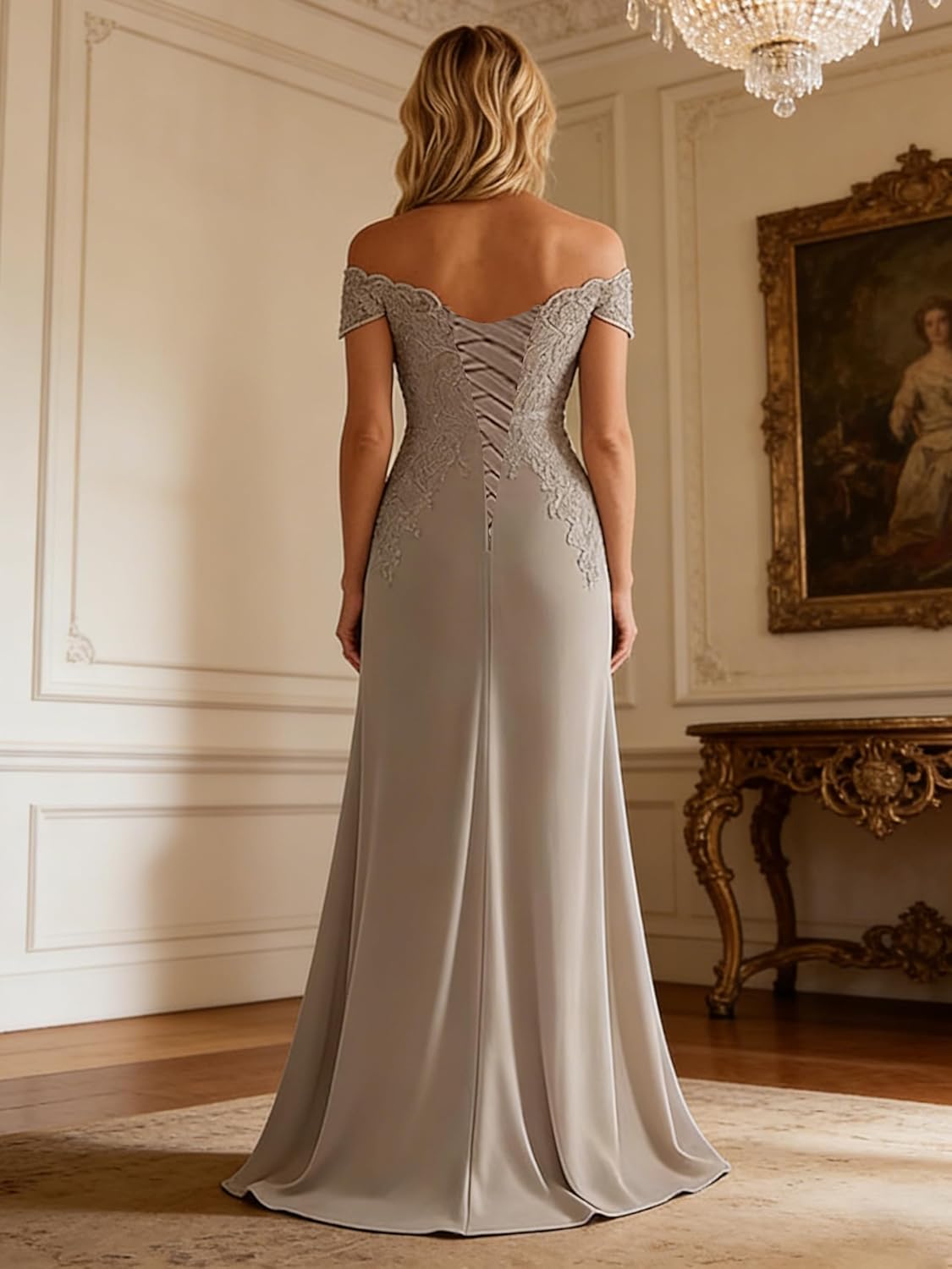 Off-Shoulder Mother of The Bride Dresses - Chiffon Lace Applique Formal Gown for Wedding Guest & Groom's Mother
