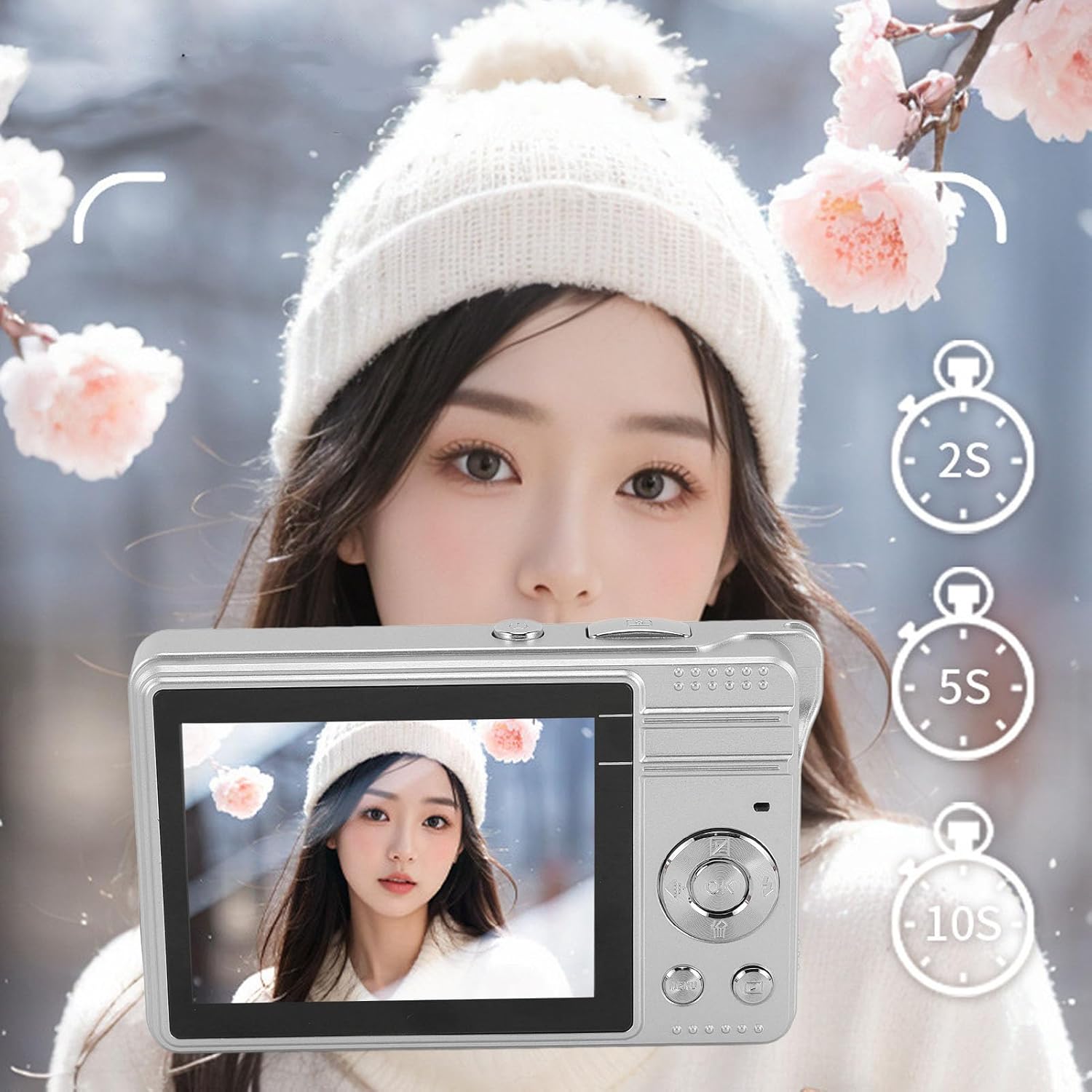 Zopsc Digital Camera displaying auto timer options (2s, 5s, 10s) on screen.