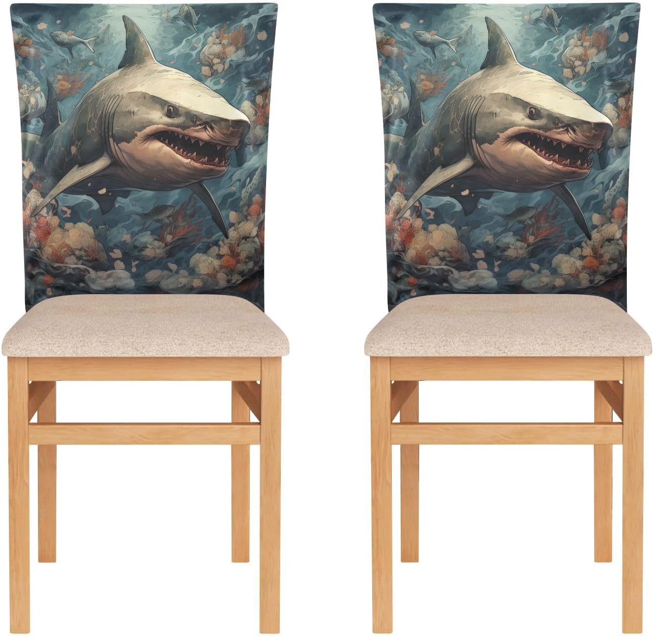 ALAZA Vintage Sharks Fishes Chair Back Cover Set of 6, Washable Reusable Removable Chair Slipcovers Decorative Chair Cover for Home Kitchen Wedding Party