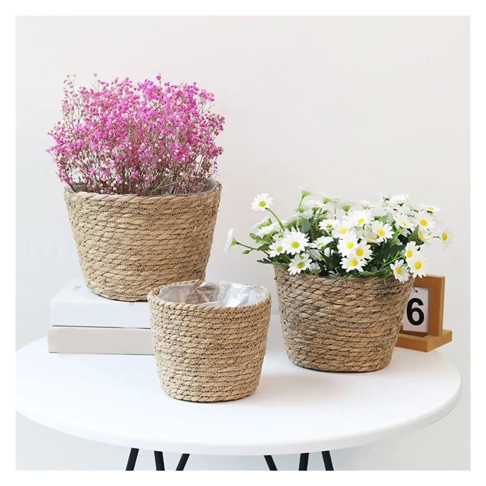 Wiklinowy kosz piknikowy, Straw Weaving S/M/L Plant Pot Storage Basket For Indoor Outdoor Plants Flowers(L-Style B)