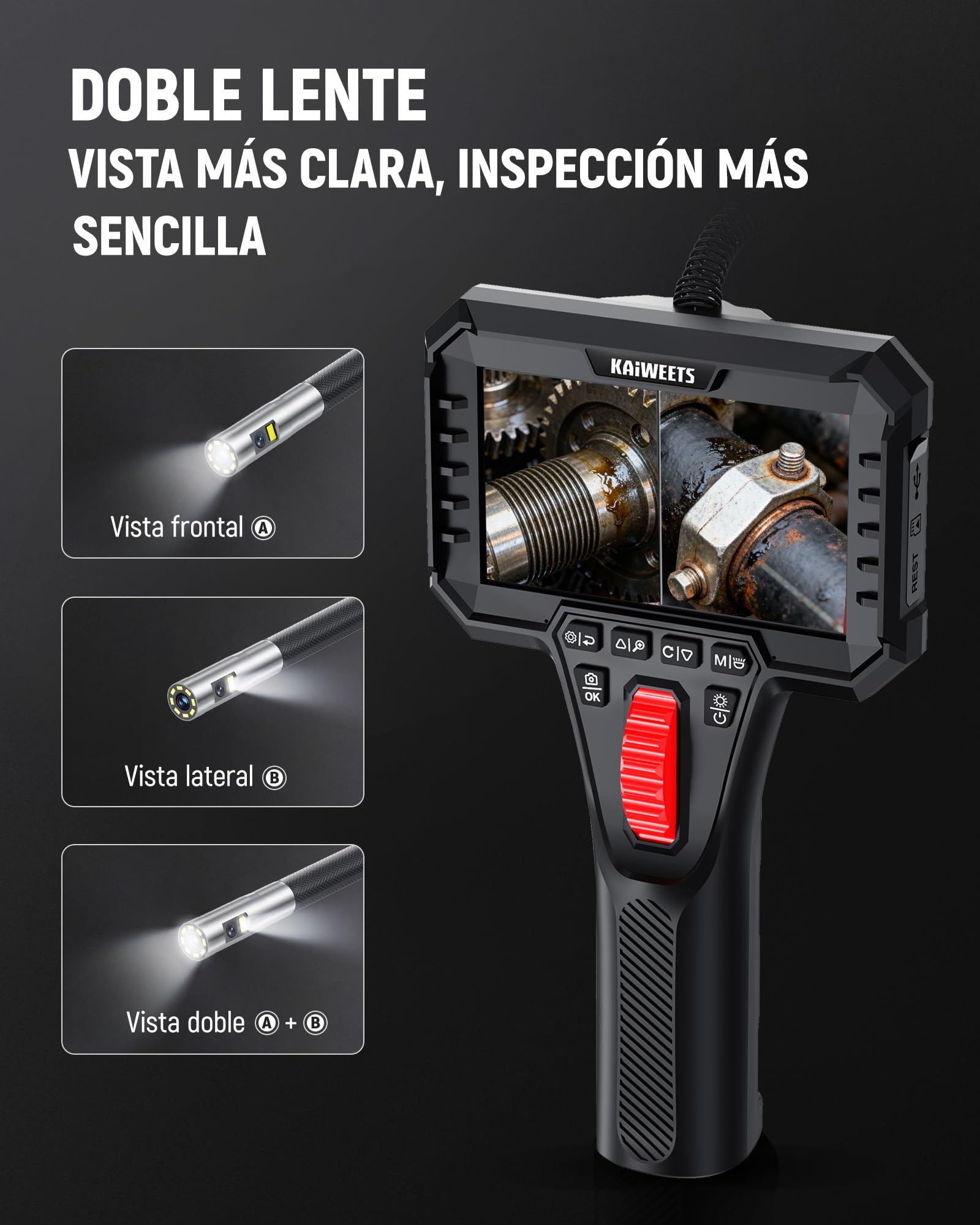 KAIWEETS Cámara Endoscópica con Luz, Doble Lente 210° Articulada con Control de Rueda, Sonda Delgada de 6,5 mm, Pantalla IPS 1080P, Cable Semirrígido de 1,6 m, IP67 Impermeable para Automoción y HVAC
