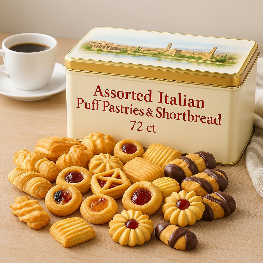 Premium Assorted Italian Puff Pastries & Shortbread Cookies – 72 Count Gift Tin. Free From Artificial Colors, Preservatives, Hydrogenated Fats And Kosher Certified. Package May Vary