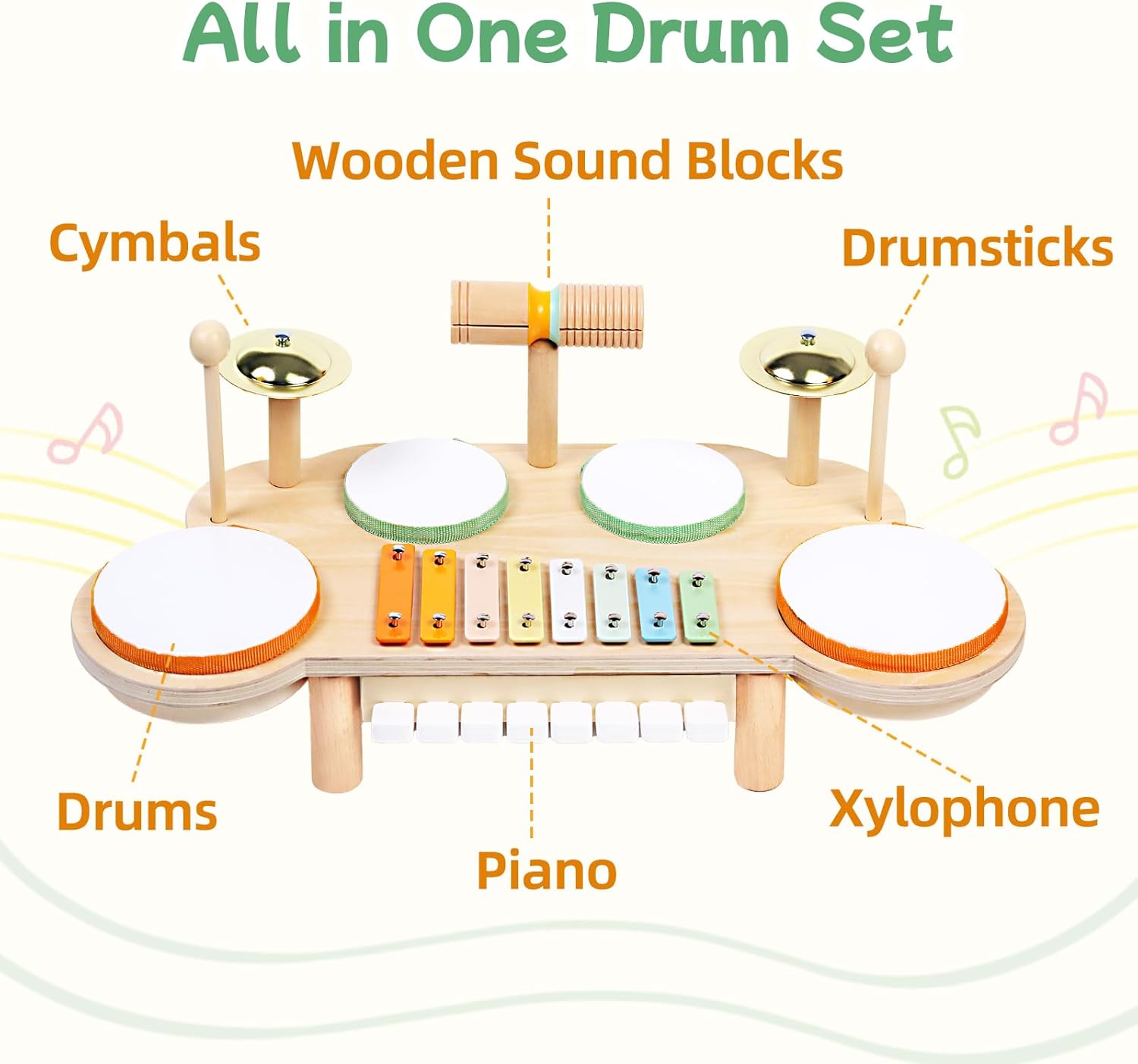 Toddler Drum Set - Montessori Toys for 2 Year Old, Wooden Baby Musical Instruments for Toddlers 2-5, Preschool Learning Musical Toys with Xylophone, Piano, Birthday Gifts for 18 Months Boys Girls