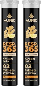 Auric Resp 365 Effervescent Tablets | with NAC, Mullein, Licorice & Long Pepper | Herbal Wellness Support Formula | Plant-Based | Ginger-Lemon Flavour | 40 Tablets