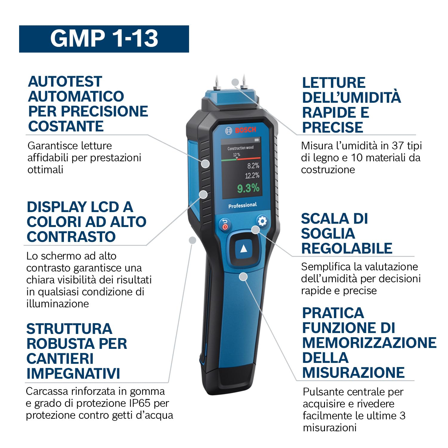 Bosch Professional Igrometro GMP 1-13 (con pin di misurazione, misura 37 tipi di legno e 10 materiali da costruzione, protezione IP65, LCD ad alto contrasto, 2 batterie AA, custodia)