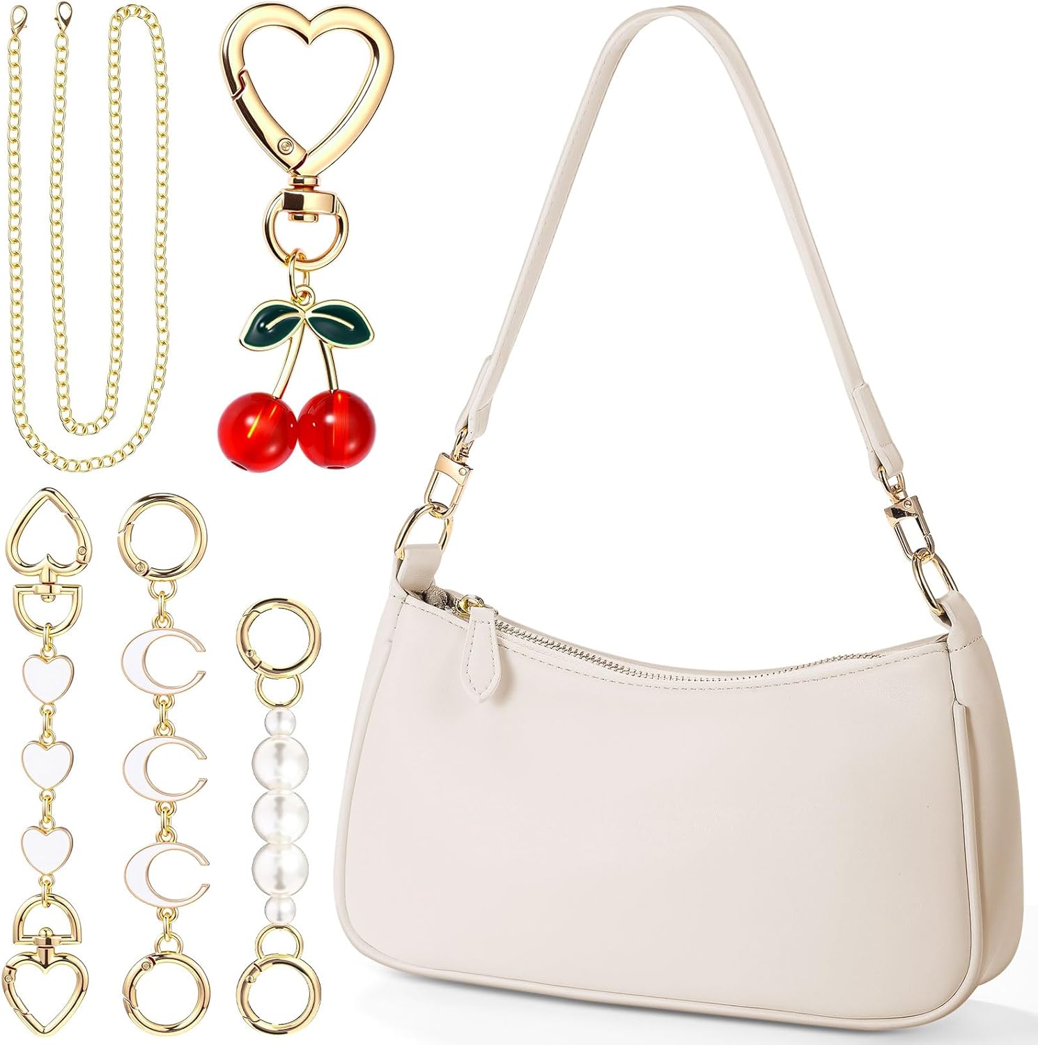 Abbylike 6 Pcs Shoulder Bag for Women with 3 Extender Chain Cherry Charm Small Leather Purse Handbag Tote Kit Valentine Gift