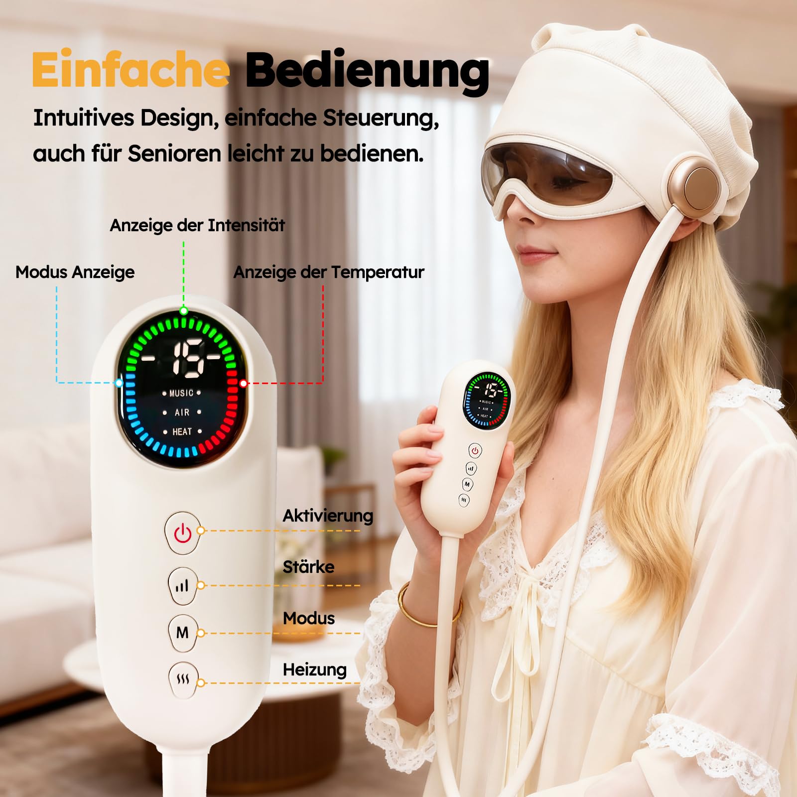 Masajeador de cabeza eléctrico 2 en 1 con cojín de aire de 5 zonas y calor ocular, con 4 modos de masaje y compresa térmica de ojos de 3 niveles para aliviar el estrés, el mejor regalo