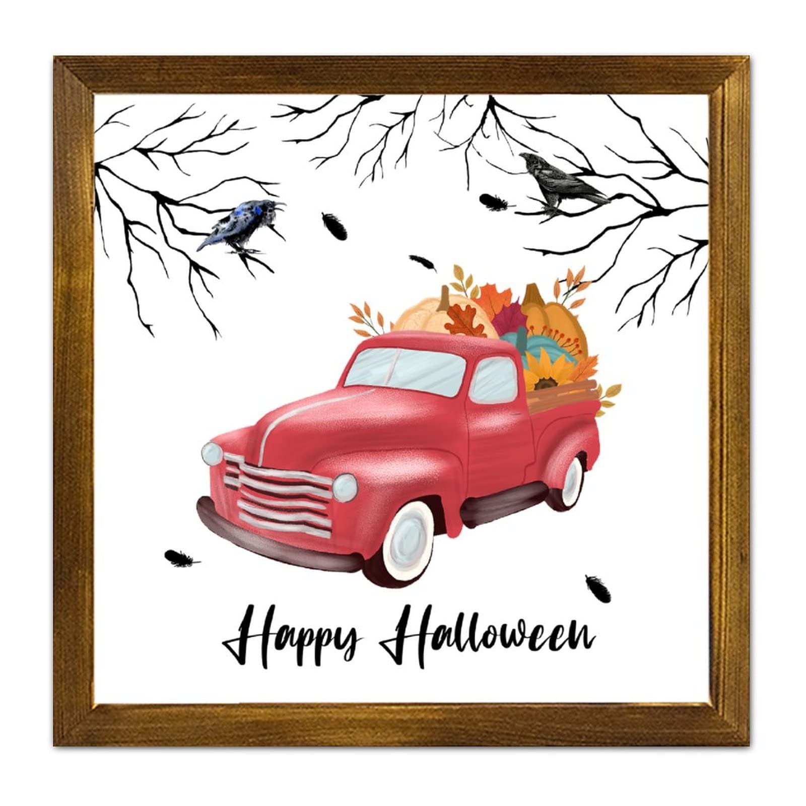 Panneau en bois Happy Halloween citrouille et camion rouge décoration murale rétro 30x30 cm