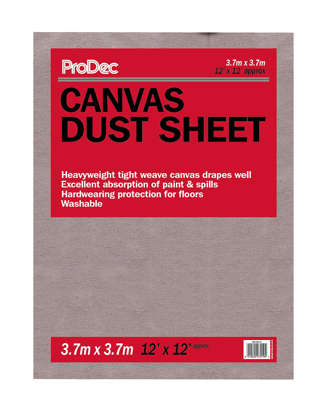 ProDec 12ft x 12ft (3.6m x 3.6m) Cotton Canvas Heavyweight Dust Sheet Drop Cloth For Painting Decorating Covering Floors & Furniture, Absorbs Spills, No Soak Through, DIY & Professional, Reusable