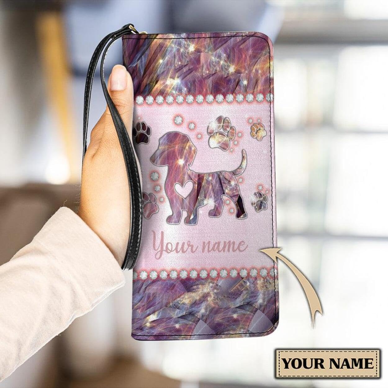 Personalized Dachshund Women Leather Wallet, Custom Name Cute Wiener Dog RFID Blocking Zip Wallet, Boho Multi Card Clucth Wristlet, Vintage Gift for Dachshund Mom (One Size, Dachshund Mable)