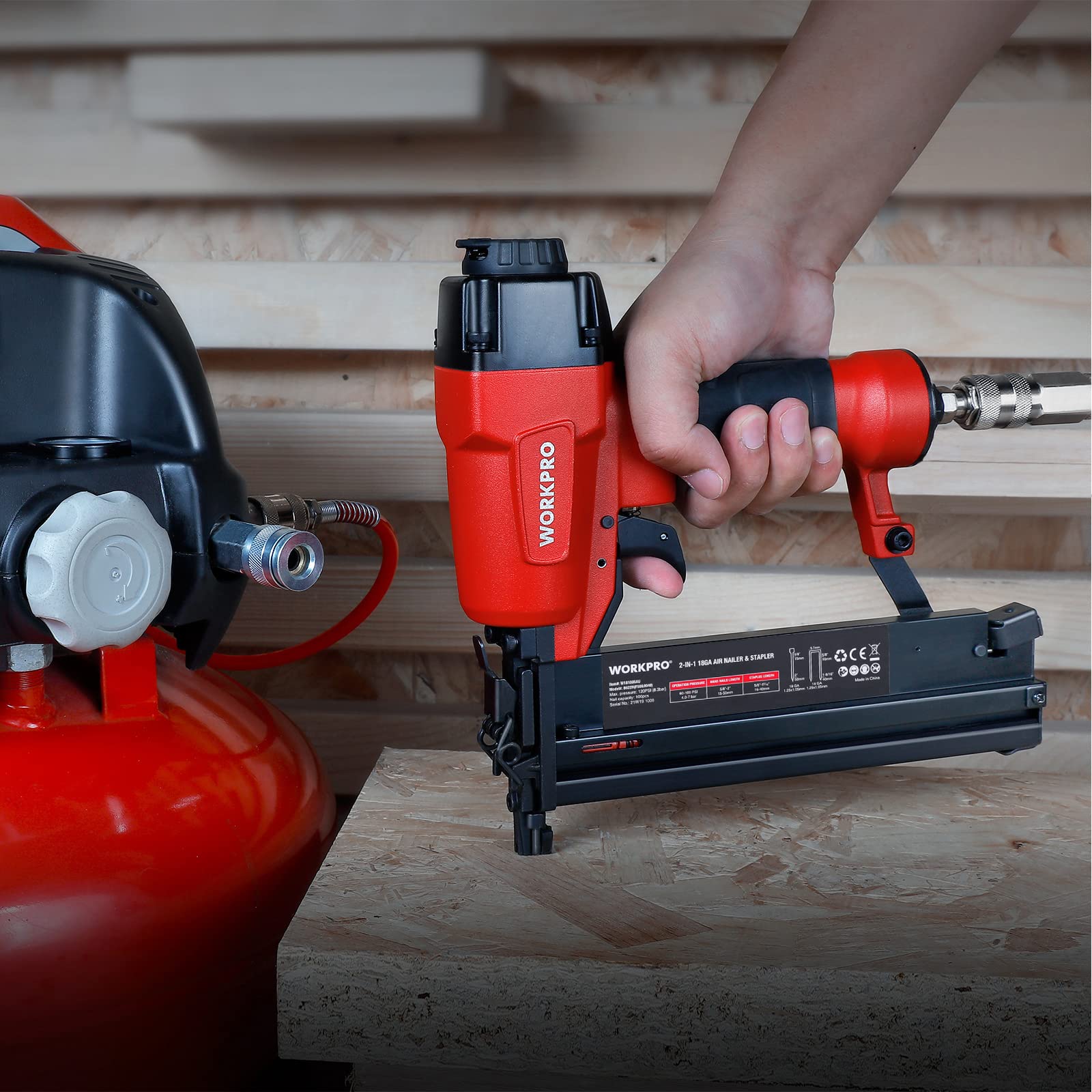 WORKPRO 2in1 Air Brad Nailer Gun 50mm 18 Gauge, Brad Nail Gun and Stapler, 60100 PSI