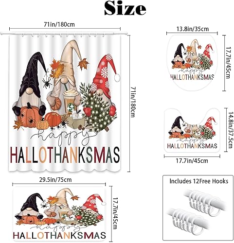 Miniatura 4 de MEHOFOND Juego de 4 cortinas de ducha de gnomo de Halloween, con cortina de ducha, alfombras antideslizantes, cubierta de tapa de inodoro, tapete de