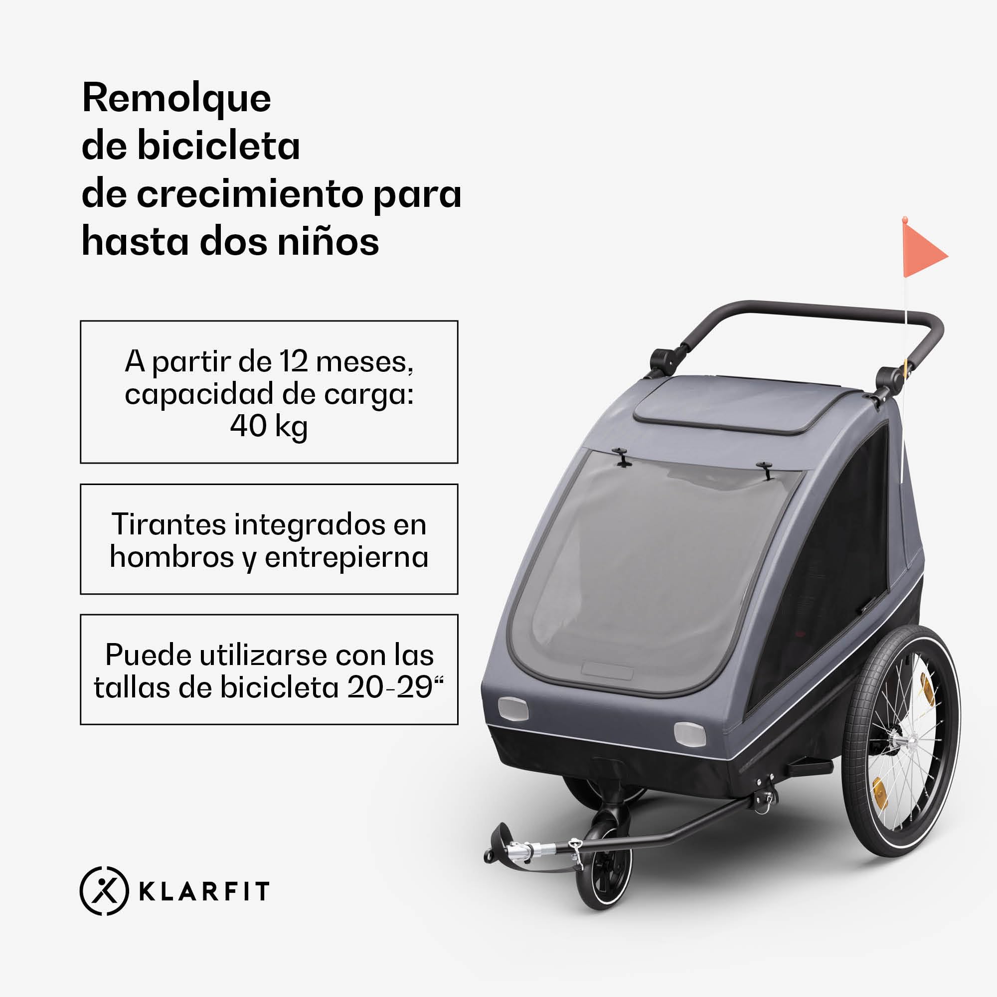 Klarfit GoKiddo Remolque Bicicleta - 2-en-1 Carro para Bicicleta & Buggy con Frenos, Cinturones de Seguridad, Asientos Ajustables, Capacidad 40kg, Protección Lluvia & UV, Plegable, Gris Oscuro