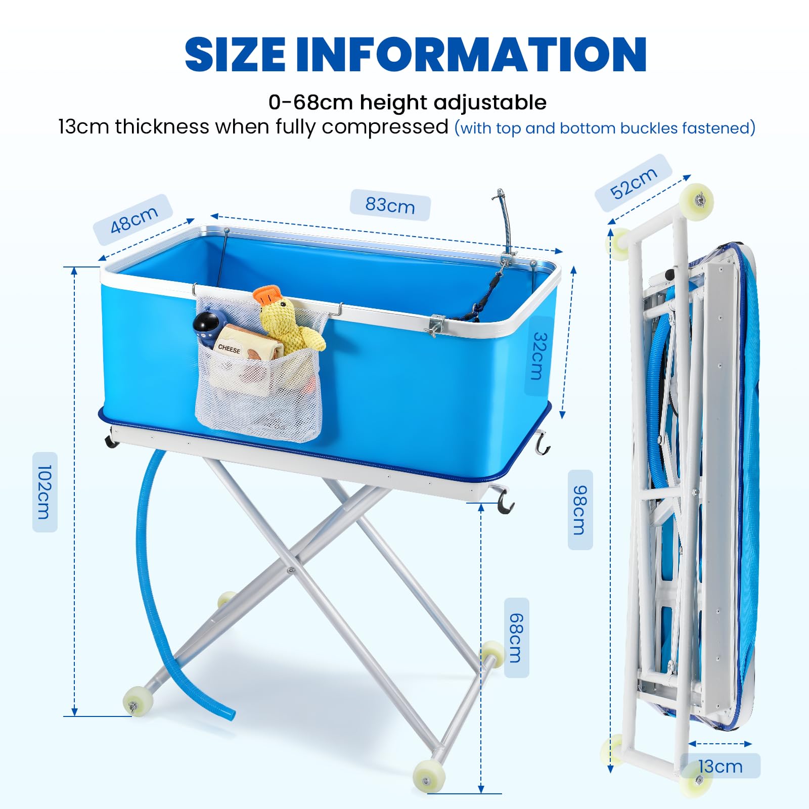 NEWTRY Grande vasca da bagno pieghevole con scarico, carico massimo 80 kg, regolabile in altezza, ruote bloccate, adatta per cani e gatti di piccola e media taglia (blu)