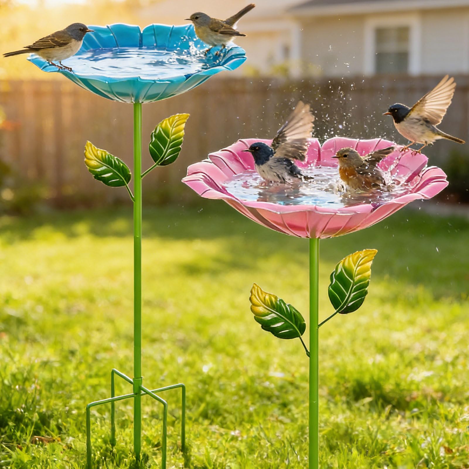 2stk Vogeltränke Stehend, 80cm Metall Blumen Vogeltränke Gartenstecker Mit 5 Bodennägeln, Voge-ltränke Winterfest Frostsicher Rostfreien, Futterstation Vögel Insektentränke Für Garten,Hinterhof(A)