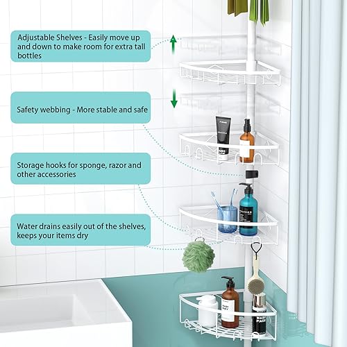 Miniatura 2 de Kadolina Estante esquinero de tensión para regadera, estantes de cesta de ducha de 4 niveles, estante de almacenamiento de ducha de altura ajustable