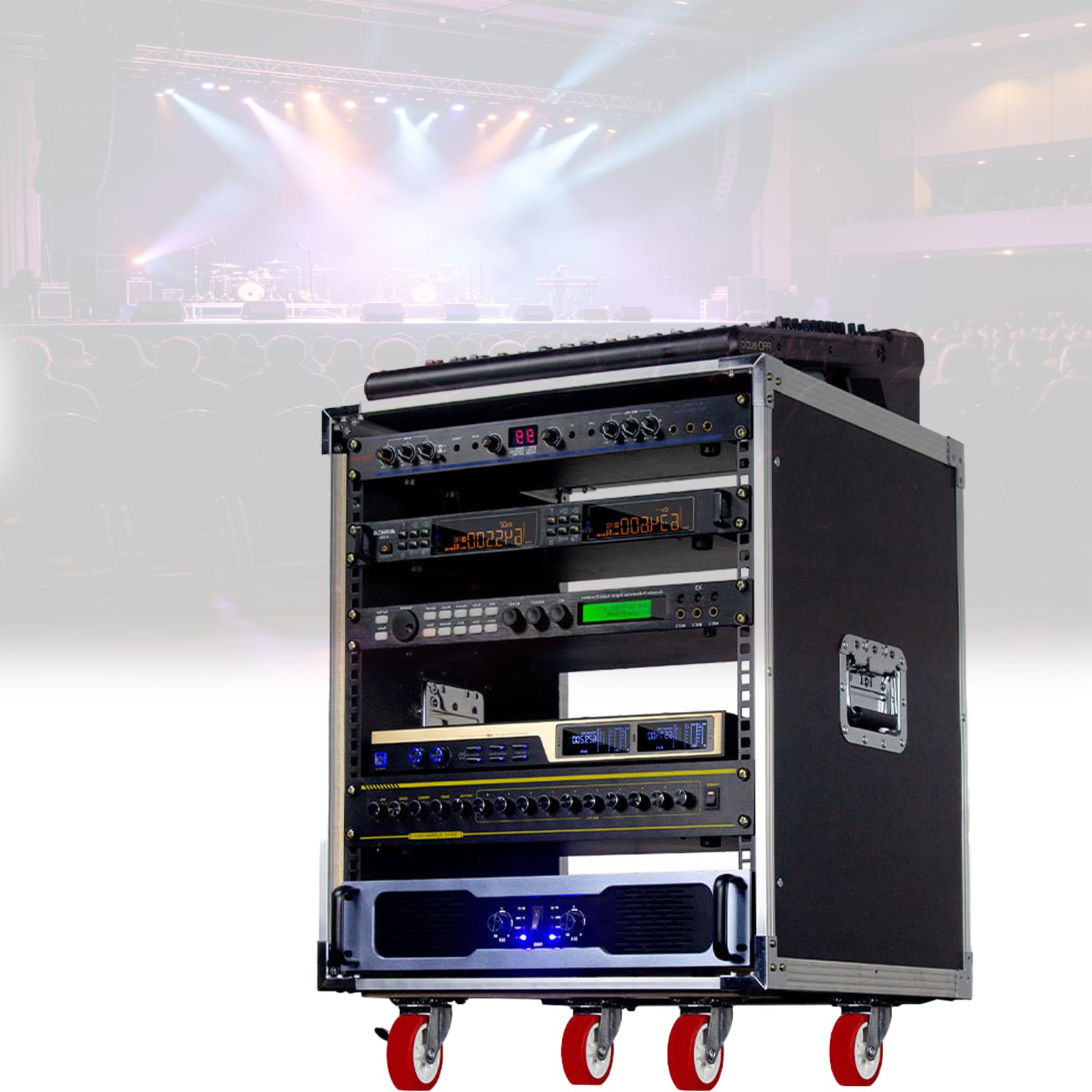 Stojak na sprzęt audio, wytrzymała aluminiowa rama serwerowa z 3 regulowanymi półkami, zamykane kółka, nośność 50 kg, do domu, studia i telewizora