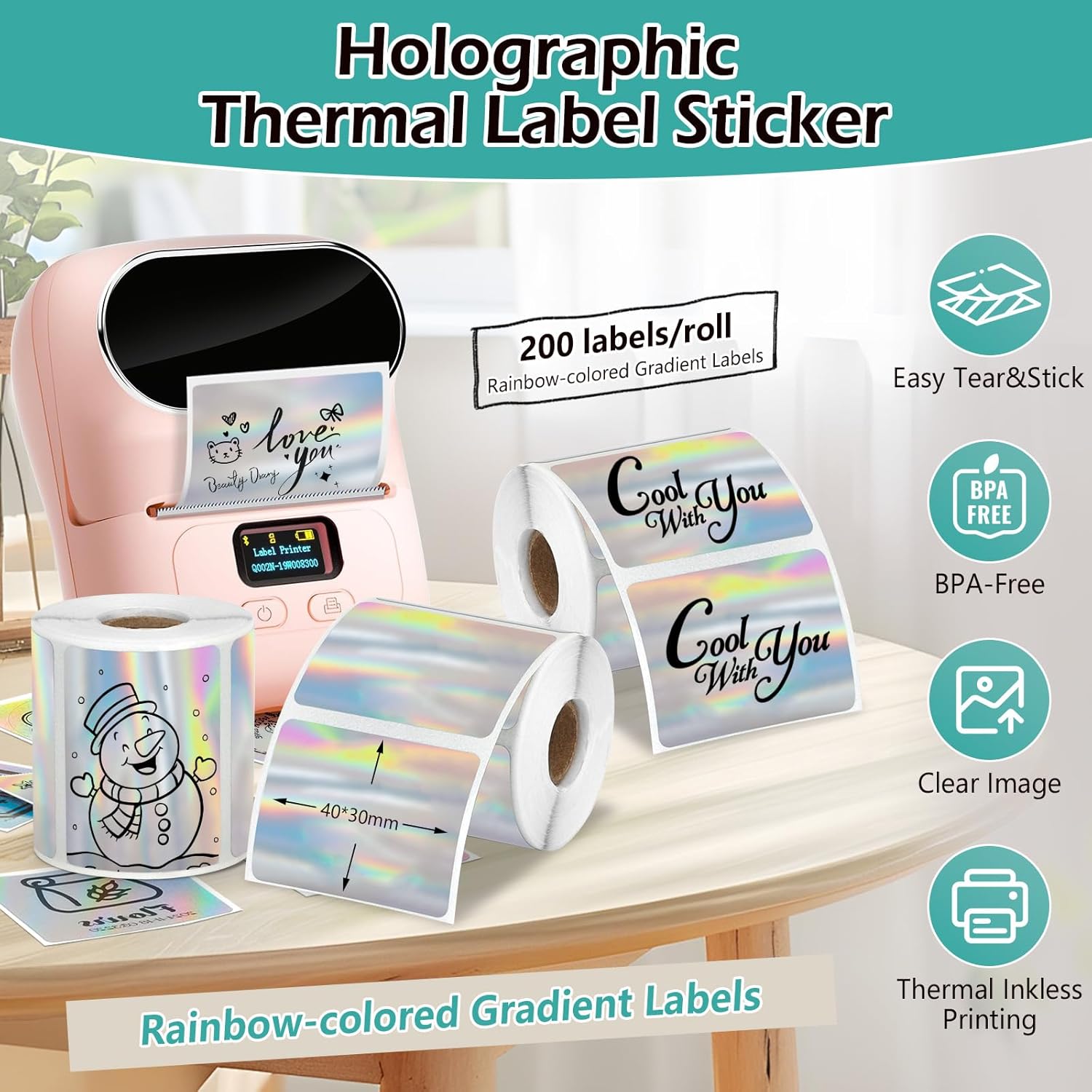3 Rolls Holographic Thermal Labels 40 * 30mm Square Sliver Custom Sticker for Phomemo M110/M220/M120/M221/241BT Label Maker Printer Waterproof Label Paper for Name,Logo,Barcode,Price - Image 2