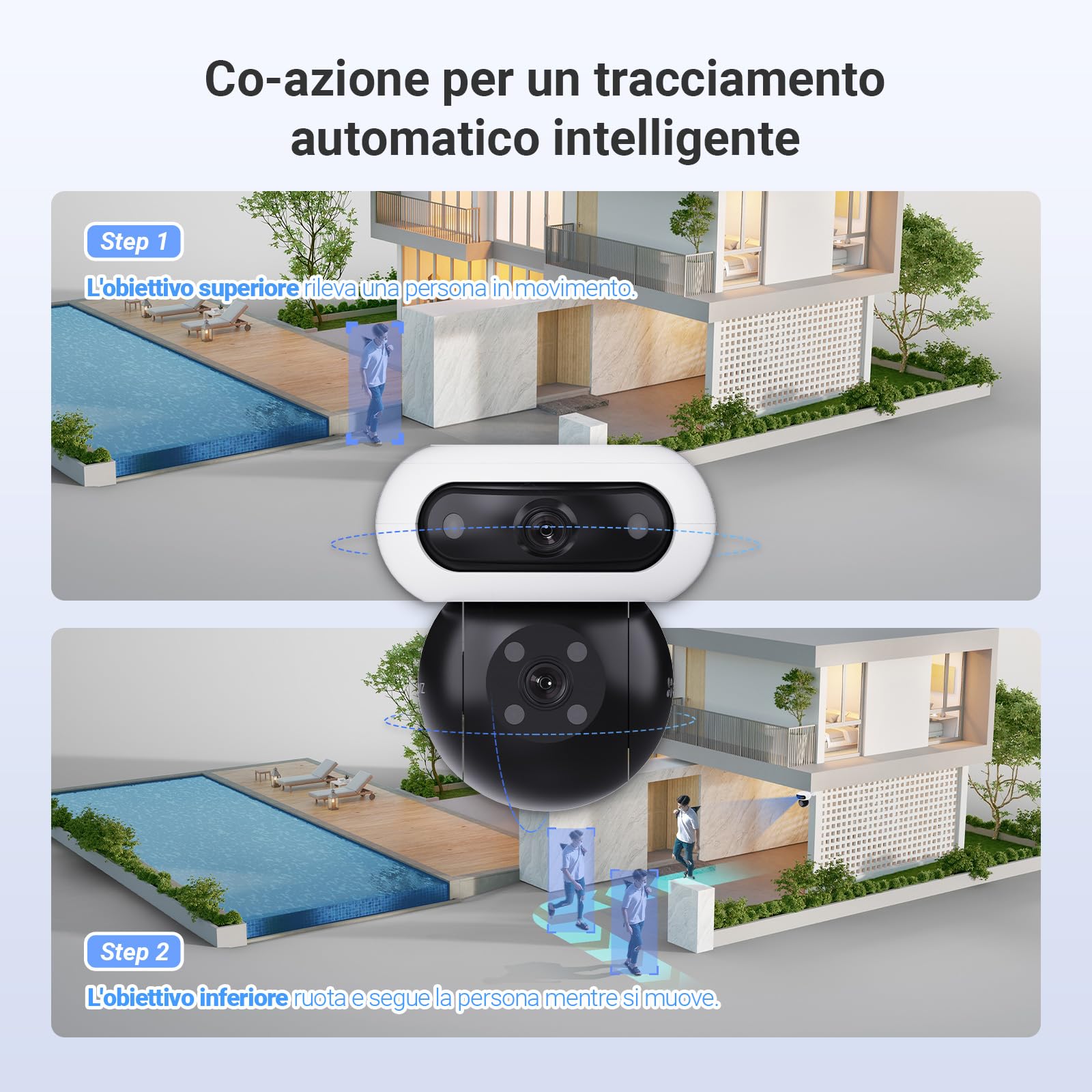 EZVIZ 8MP (4MP+4MP) Telecamera WiFi Esterno Batteria con Doppia Lente, Telecamera Solare per Esterni Senza Fili, Modalità AOV, Rilevamento di Persone/Veicoli, CB90 Dual+8W Pannello Solare
