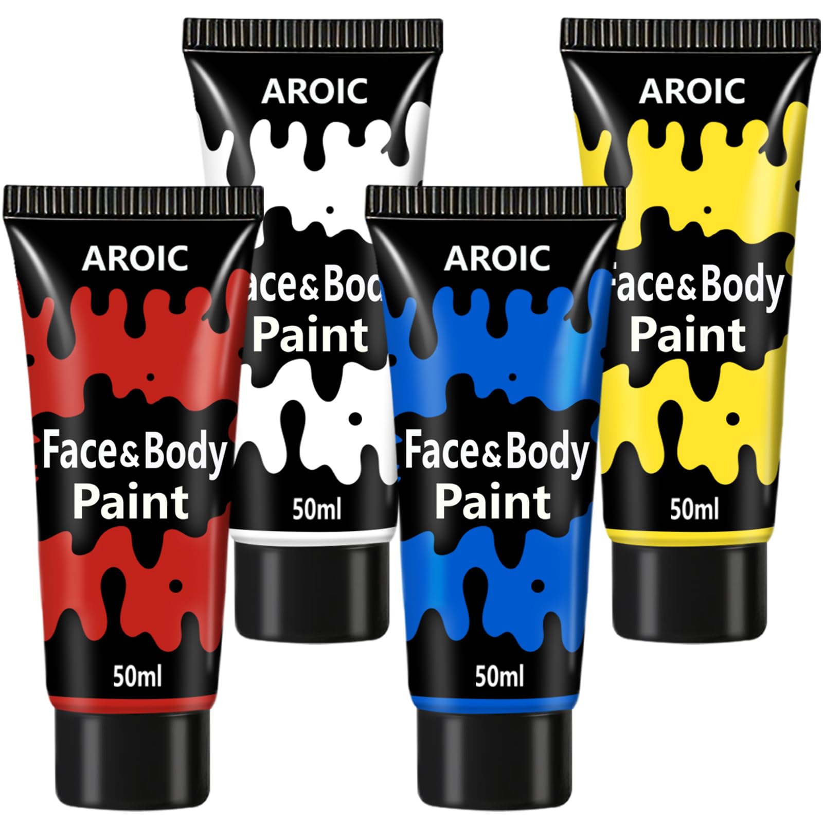 AROIC 4 Colors Face Body Paint, 6.76 oz Kids Water Based Face Painting White, Blue, Yellow, Red
