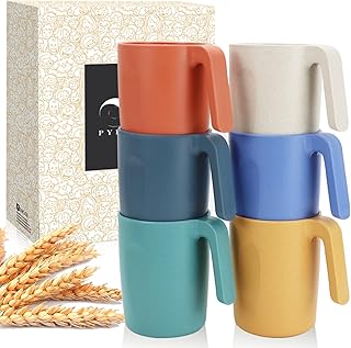 Wheat Straw Cups-Mug Set of 6,Reusable Plastic Coffee Mug,Tea Cup with Handles,16 oz Mug Set for Coffee,Camping,Picnic,Unbreakable Drinking Cups Stackable,BPA-Free,Dishwasher Safe
