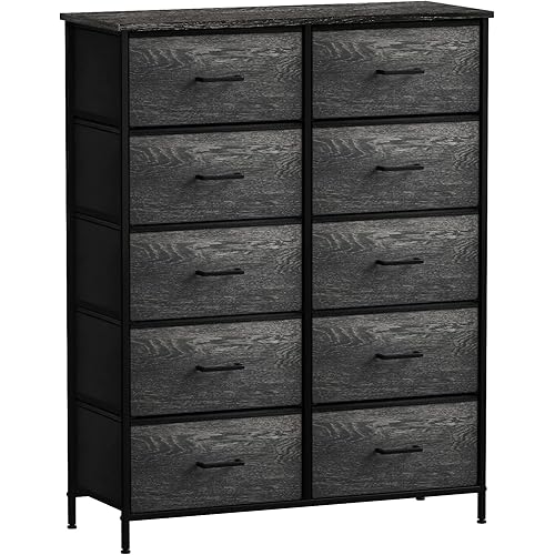 Sorbus Dresser with 10 Faux Wood Drawers - Storage Unit Organizer Chest for Clothes - Bedroom, Hallway, Living Room, Closet, & Dorm Furniture - Steel Frame, Wood Top, & Easy Pull Fabric Bins