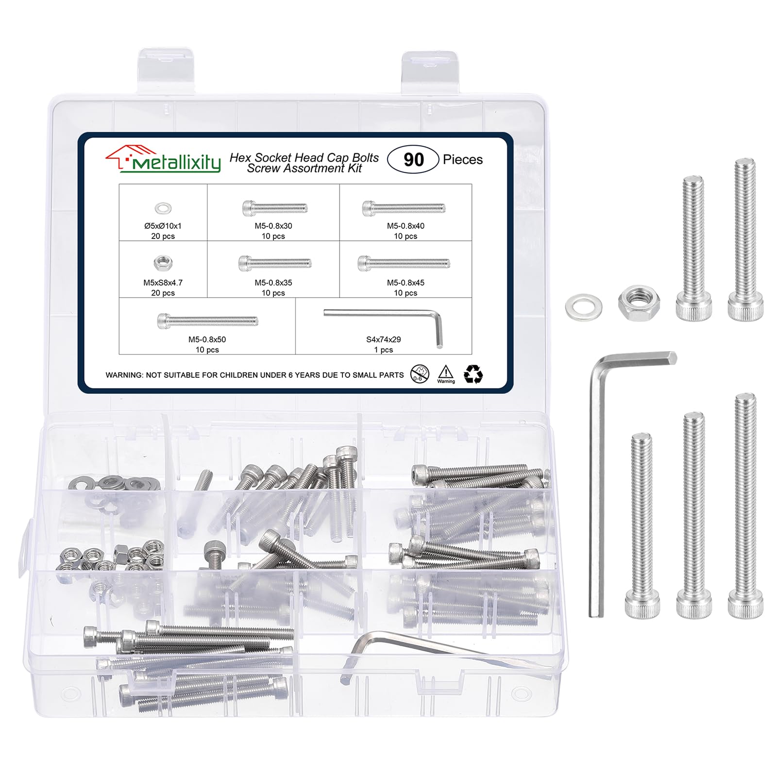 METALLIXITY Socket Head Cap Screws Kit (M5x30/35/40/45/50) 90Pcs, Stainless Steel Allen Socket Drive - Machine Internal Hex Screw, Silver โ image 1