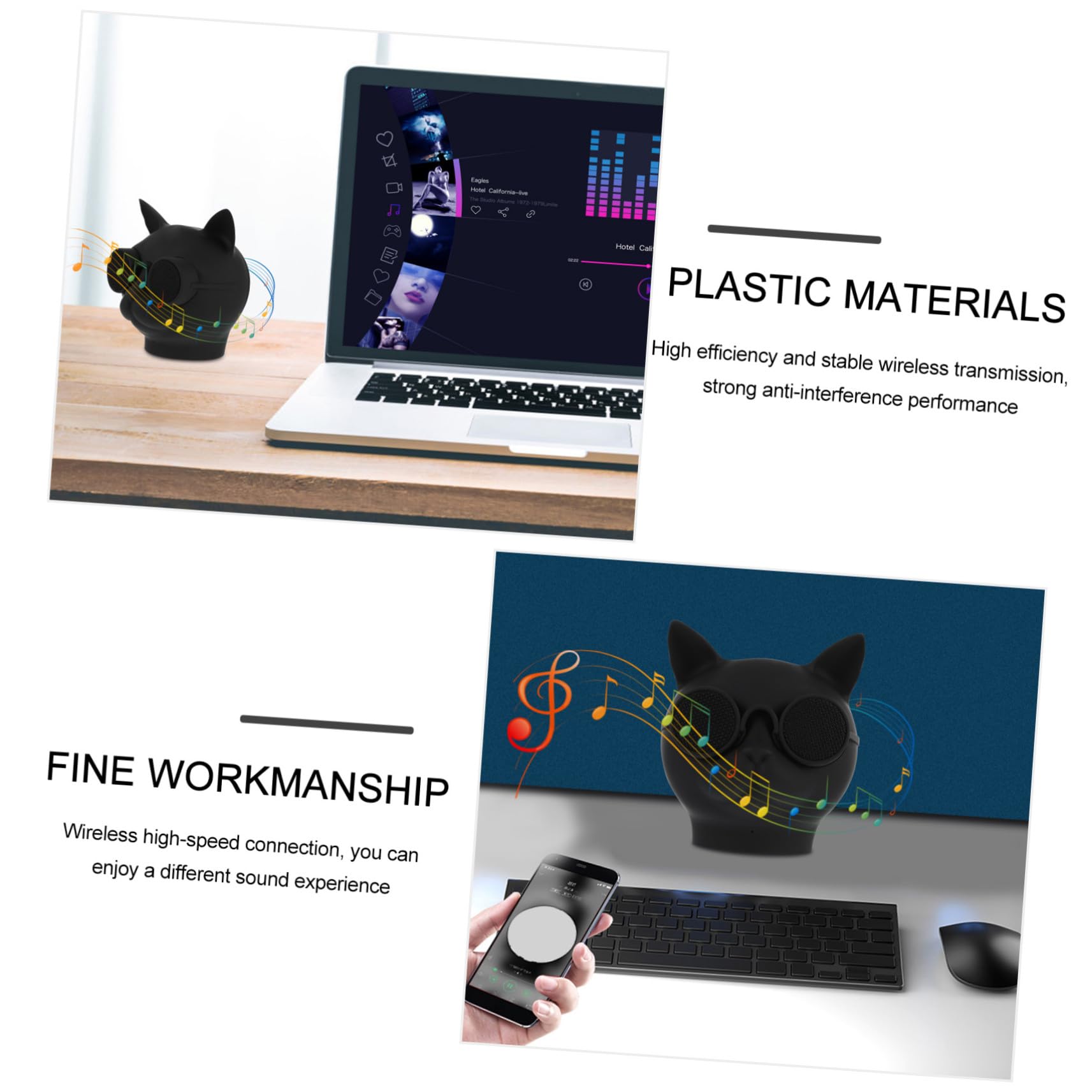 Altavoz Portátil Negro Forma de Cabeza de Gato Inalámbrico Volumen Alto Plástico Conexión Rápida Mini Altavoz Multiusos para Exteriores