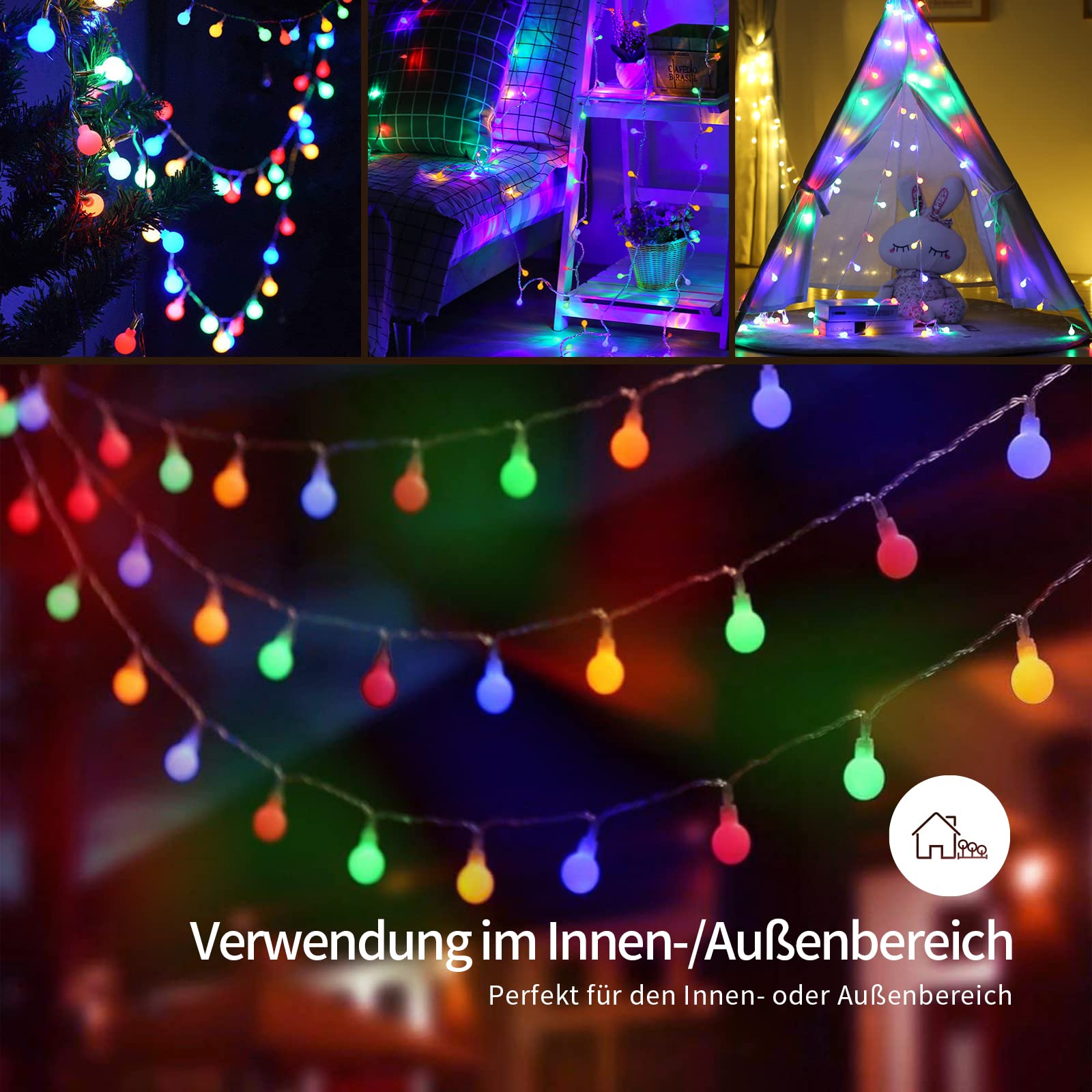 Łańcuch świetlny z kulką, 5 m, 50 diod LED, 8 trybów pracy, funkcja pamięci, łańcuch świetlny z wtyczką do użytku na zewnątrz/wewnątrz, idealny do sypialni, na balkon, imprezę, wesele, kolorowy