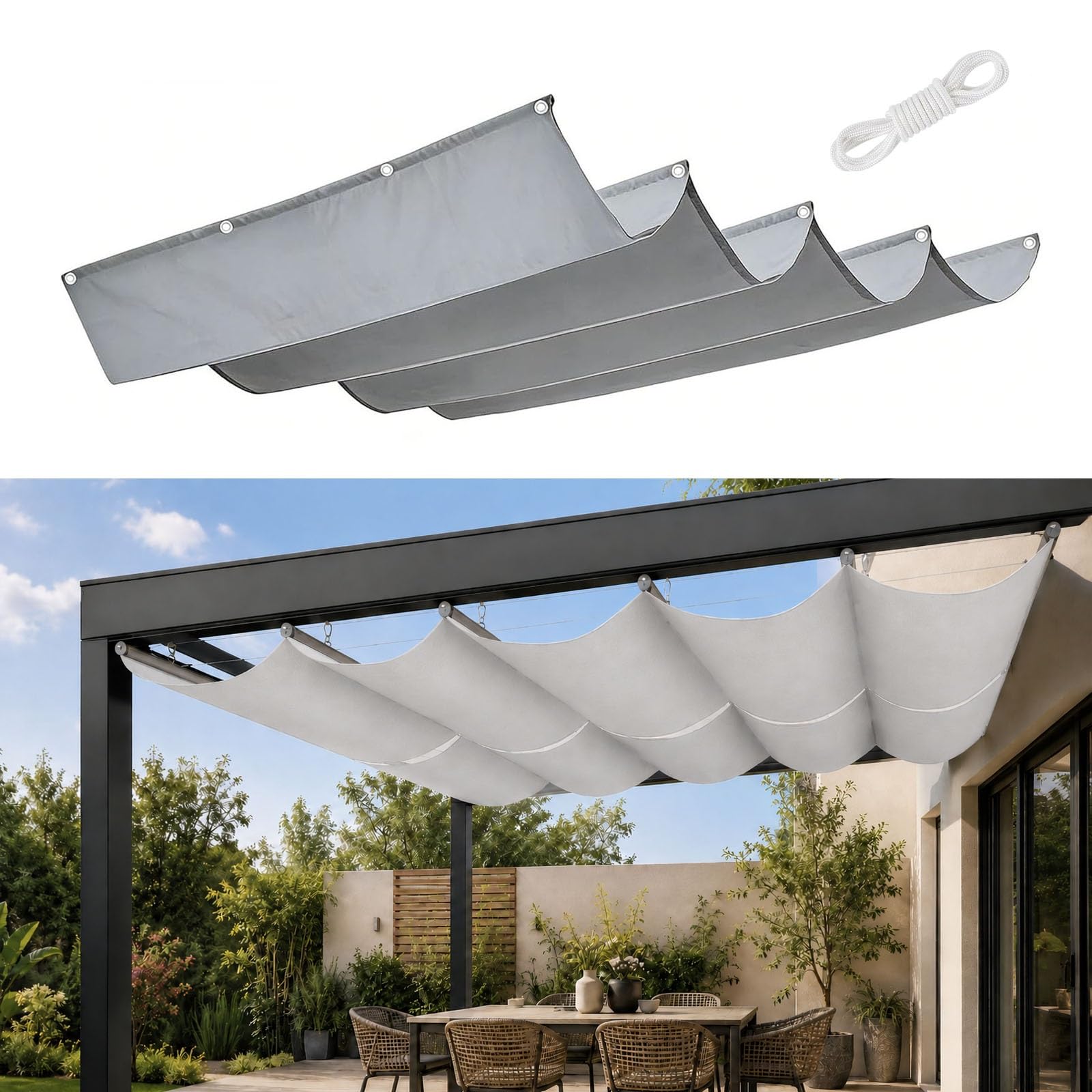 Toile ombrage anti-UV et vent pour pergola fatiguée ou surchauffée