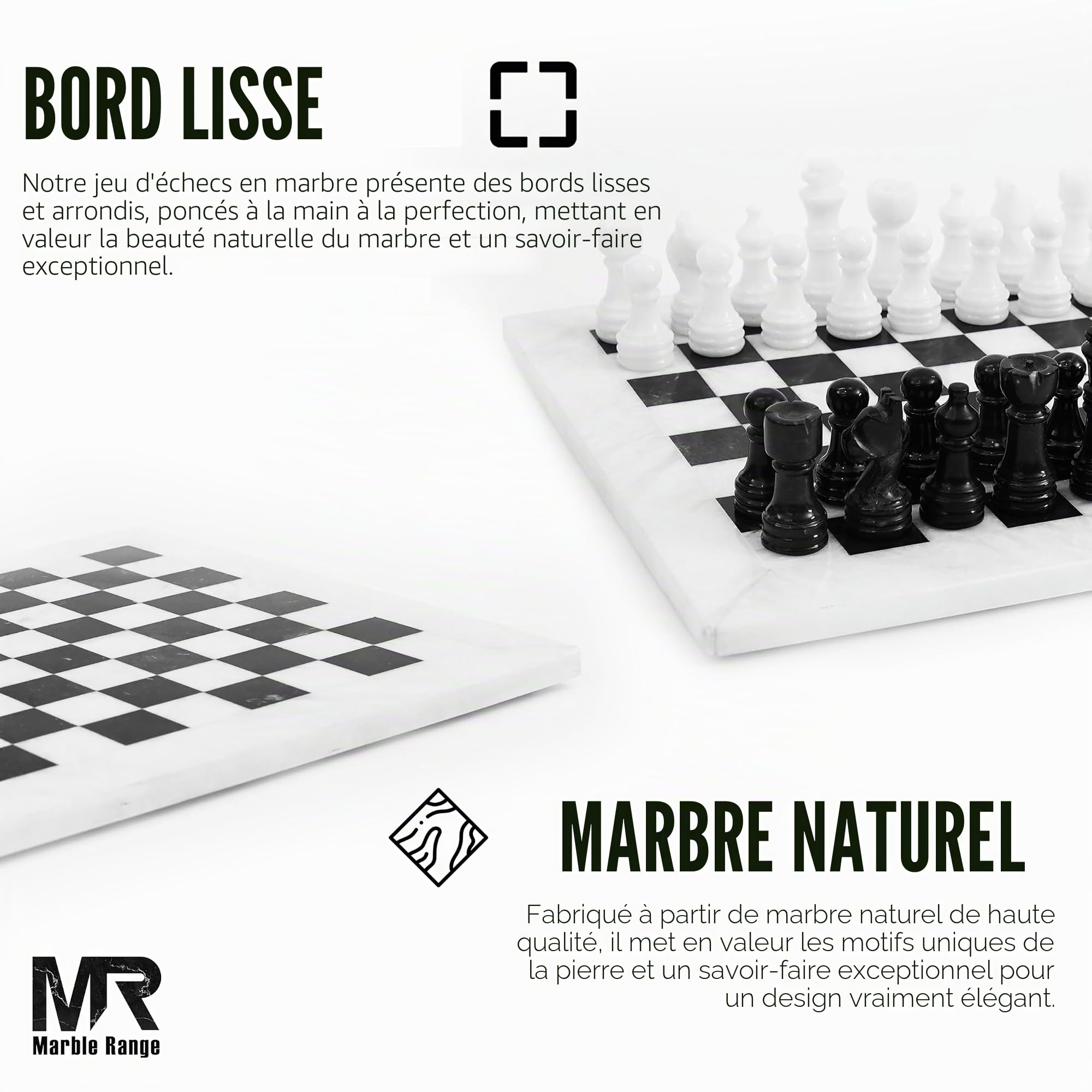 Jeu d'échecs en marbre fait à la main 25,4 cm, 32 pièces + 2 reines, boîte de rangement, voyage, cadeau élégant pour décoration