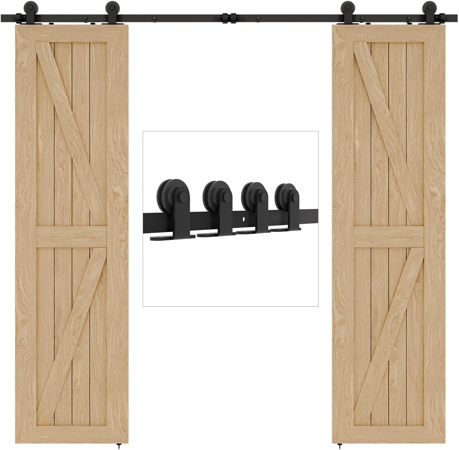 10FT Sliding Barn Double Door Hardware Cabinet Closet Track Kit Top Mount T Rollers Hangers Set for 2 Doors Black