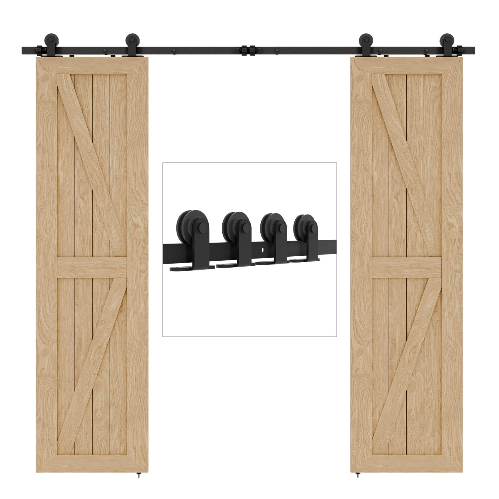 BONIKLUBA 12FT Sliding Barn Double Door Hardware Cabinet Closet Track Kit Top Mount T Rollers Hangers Set for 2 Doors Black
