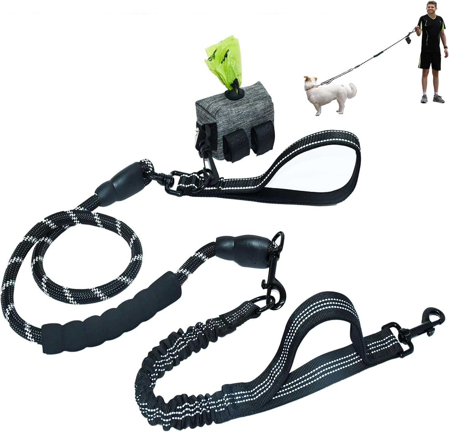 Heavy-Responsibility No-Pull Canine Leash – Shock-Absorbing Bungee & Tangle-Free Swivel with Reflective Stitches, Padded Handles & Poop Bag Holder for Medium & Massive Canine, Black