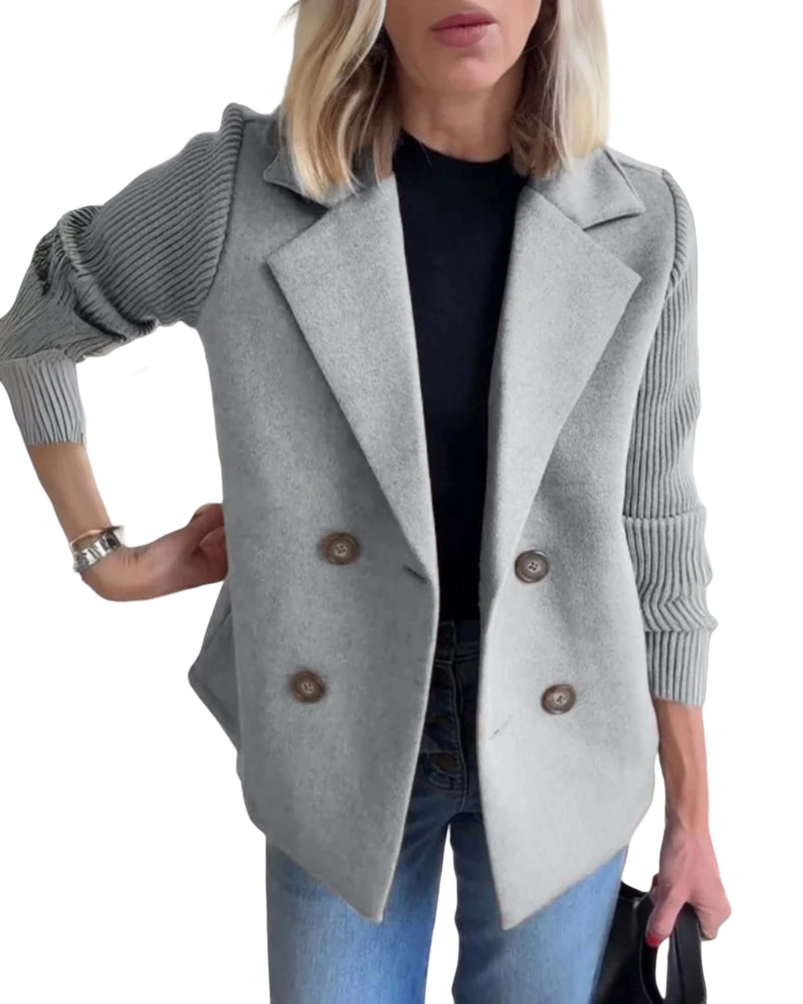 Casual Blazer Sweater Womens Lapel Button Knitted Patchwork Sleeve Casual Coat Blazer Cropped Sweate