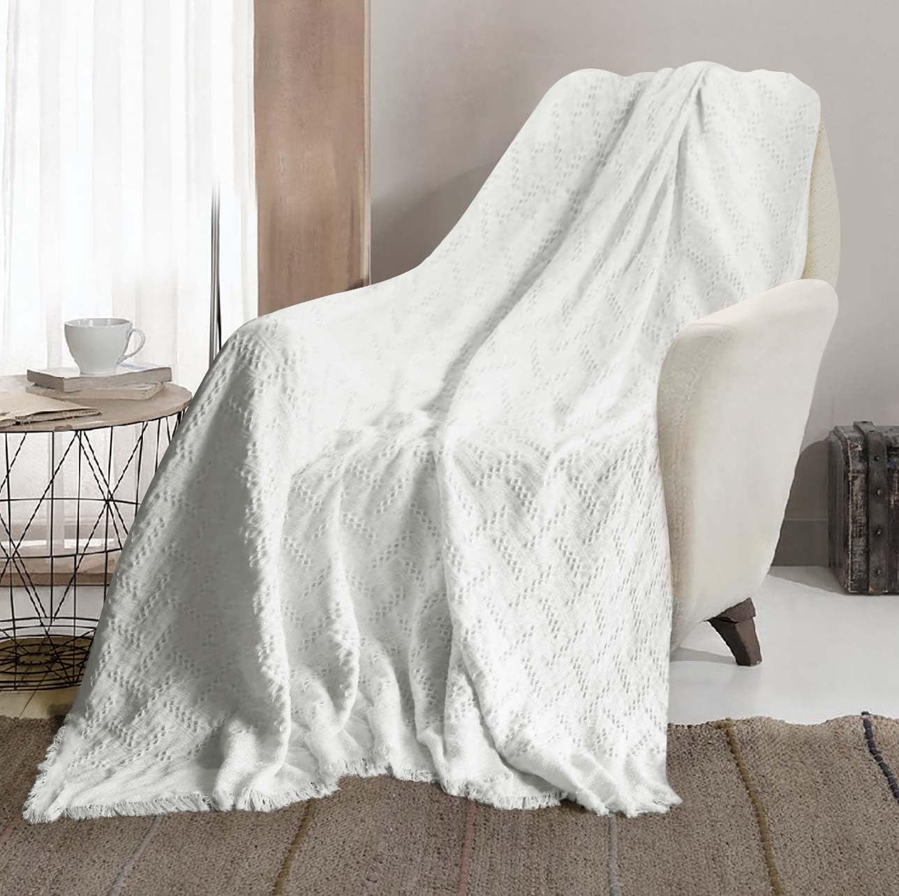 AC&L Knitted Blanket For Bed, Couch, Sofa, Chair Throw Blanket For All Seasons - Cozy Soft Light Weighted Blanket For Picnic, Travel, Home Decor Gift (White)