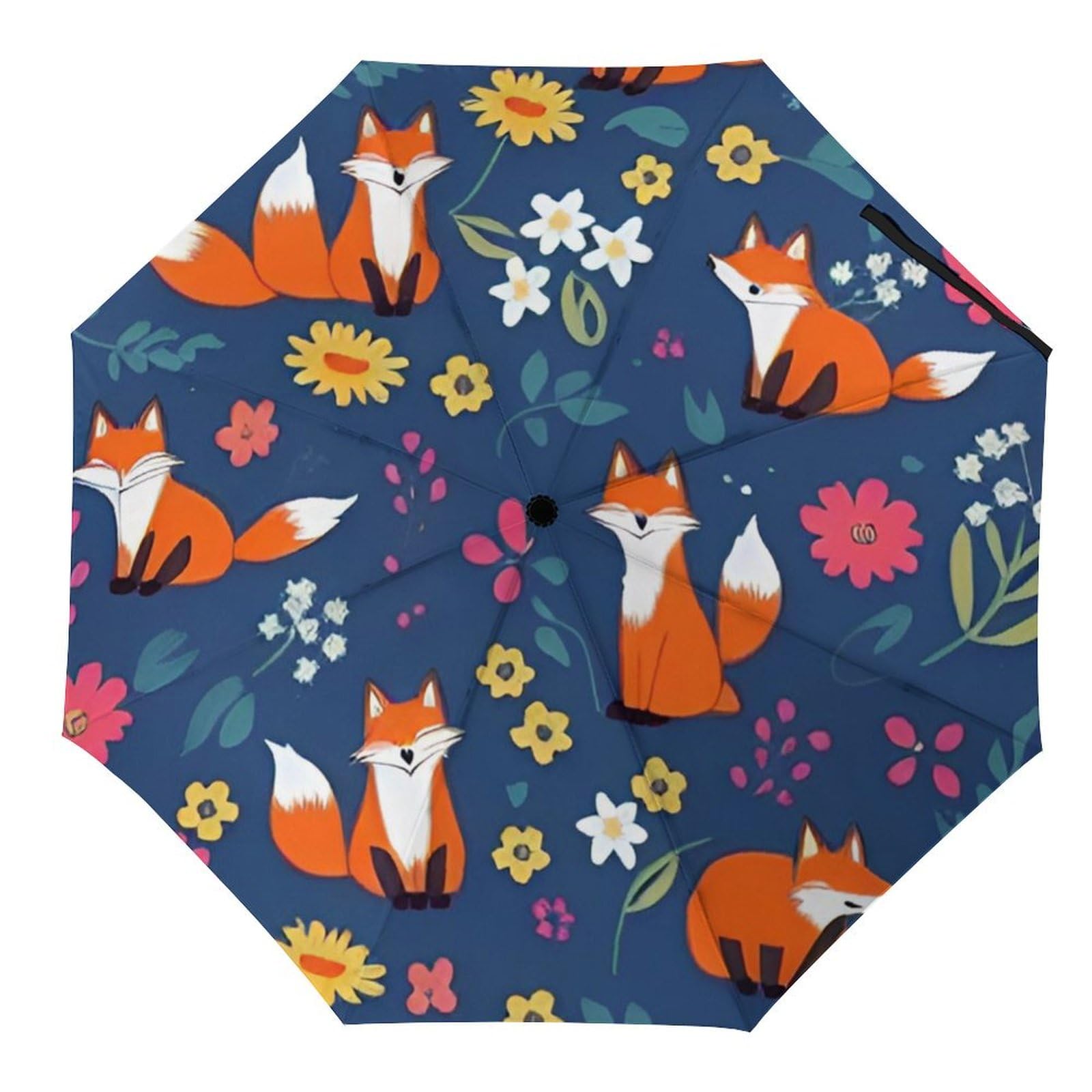 WUXEKZO Sunproof Waterproof Travel Umbrella for Women Men Kids, Golf Umbrellas Ergonomic Handle, Auto Open/Close, Cute Fox Flower Leaf Art Sun