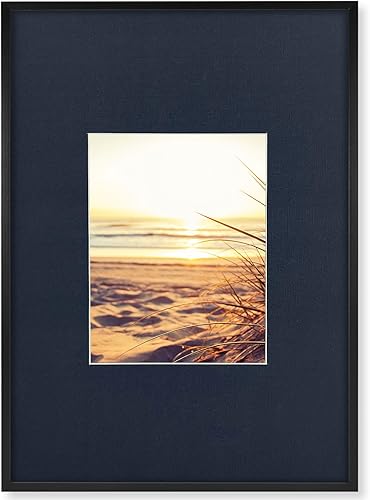 Marco a presión de 11 x 14 pulgadas con paspartú azul oscuro para foto de 6 x 8 pulgadas, marco de póster negro, marco de aluminio de pared para