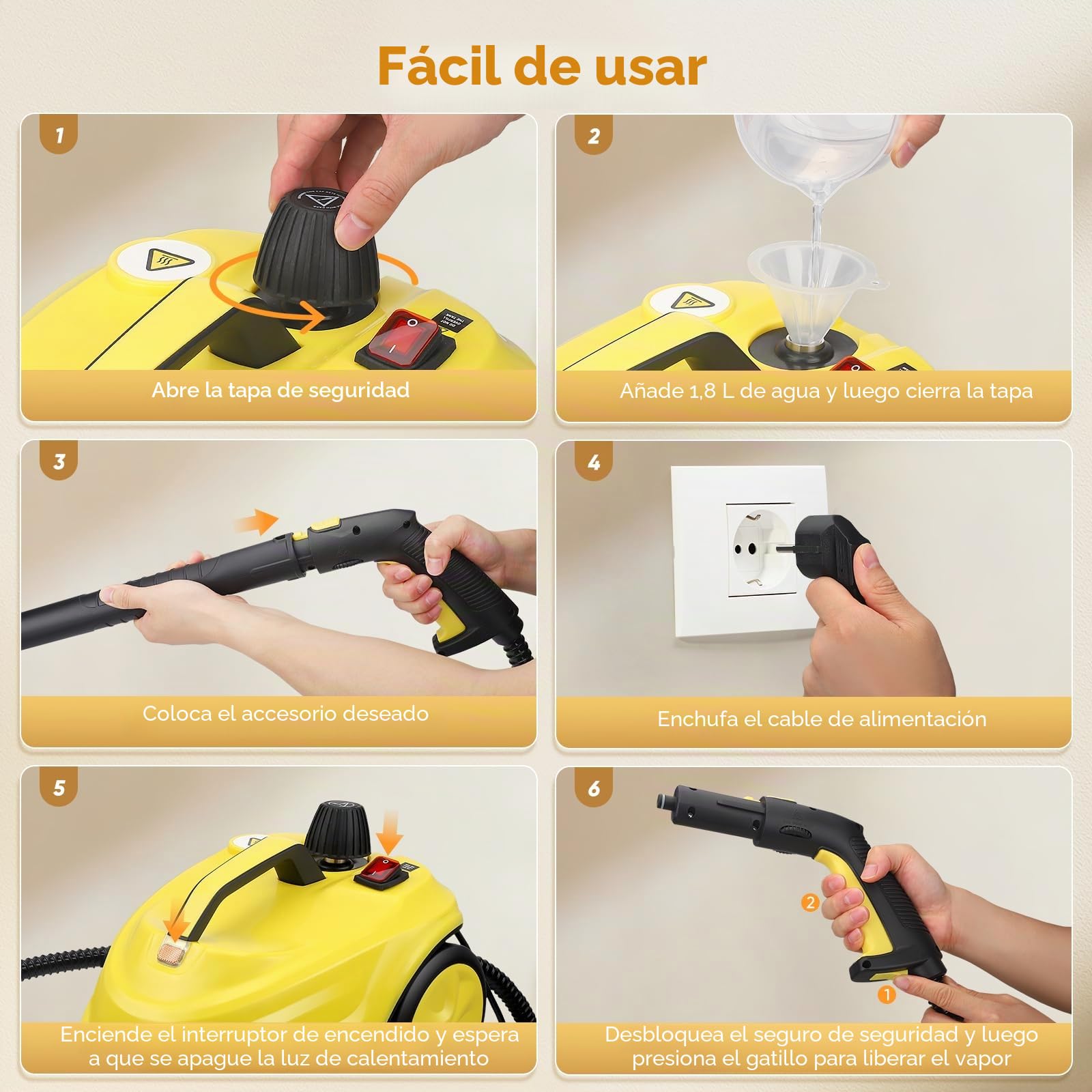 Limpiador a Vapor, 2100W Vaporeta Limpieza Hogar, Rápido a 320 °F, Depósito 2L, Presión 5 bar,Vaporeta Limpieza Hogar Potente para Muebles de Cocina, baño, Automóvil, Piso y Sofá