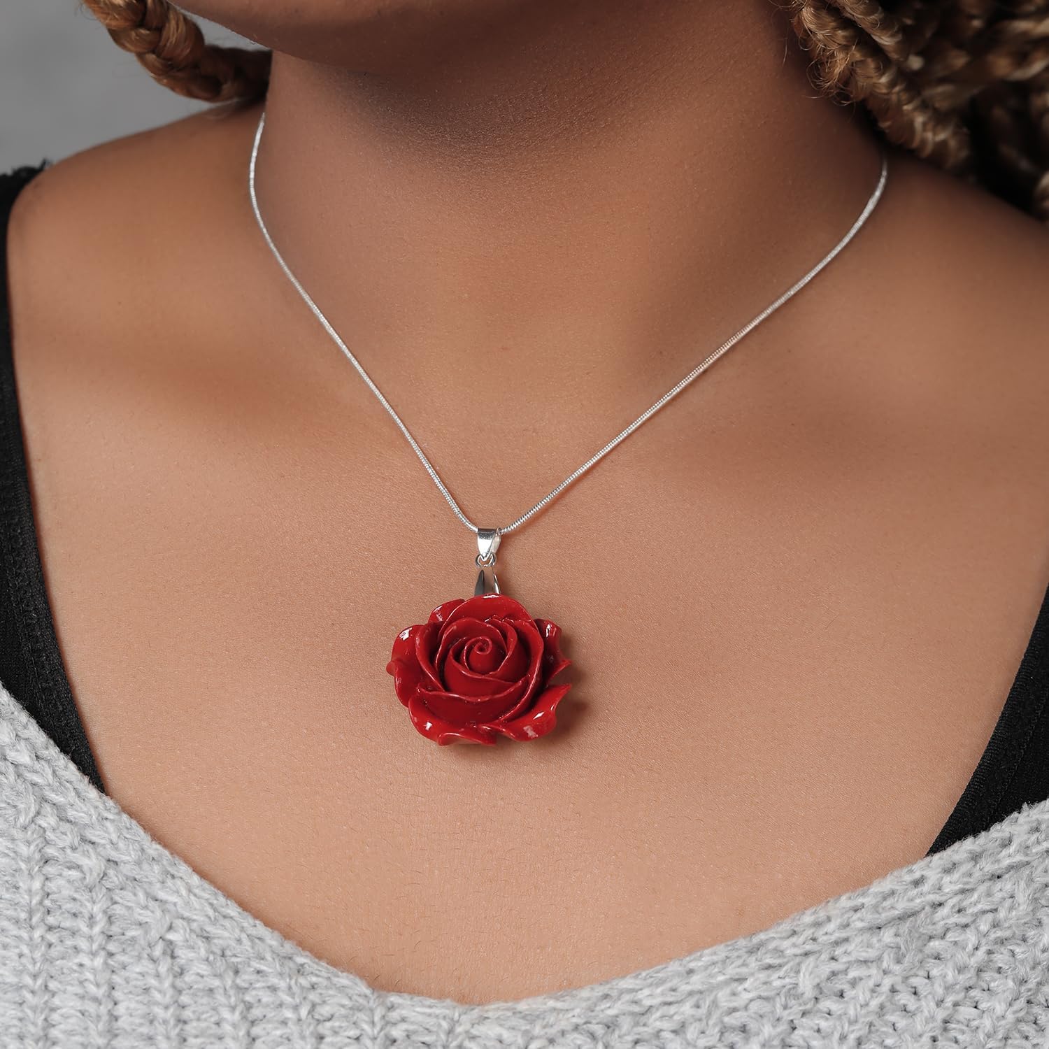Gem Stone King 35MM Red Simulated Coral Carved Rose Flower Pendant With 16 Inch + 2 Inch Extender Chain - Image 3