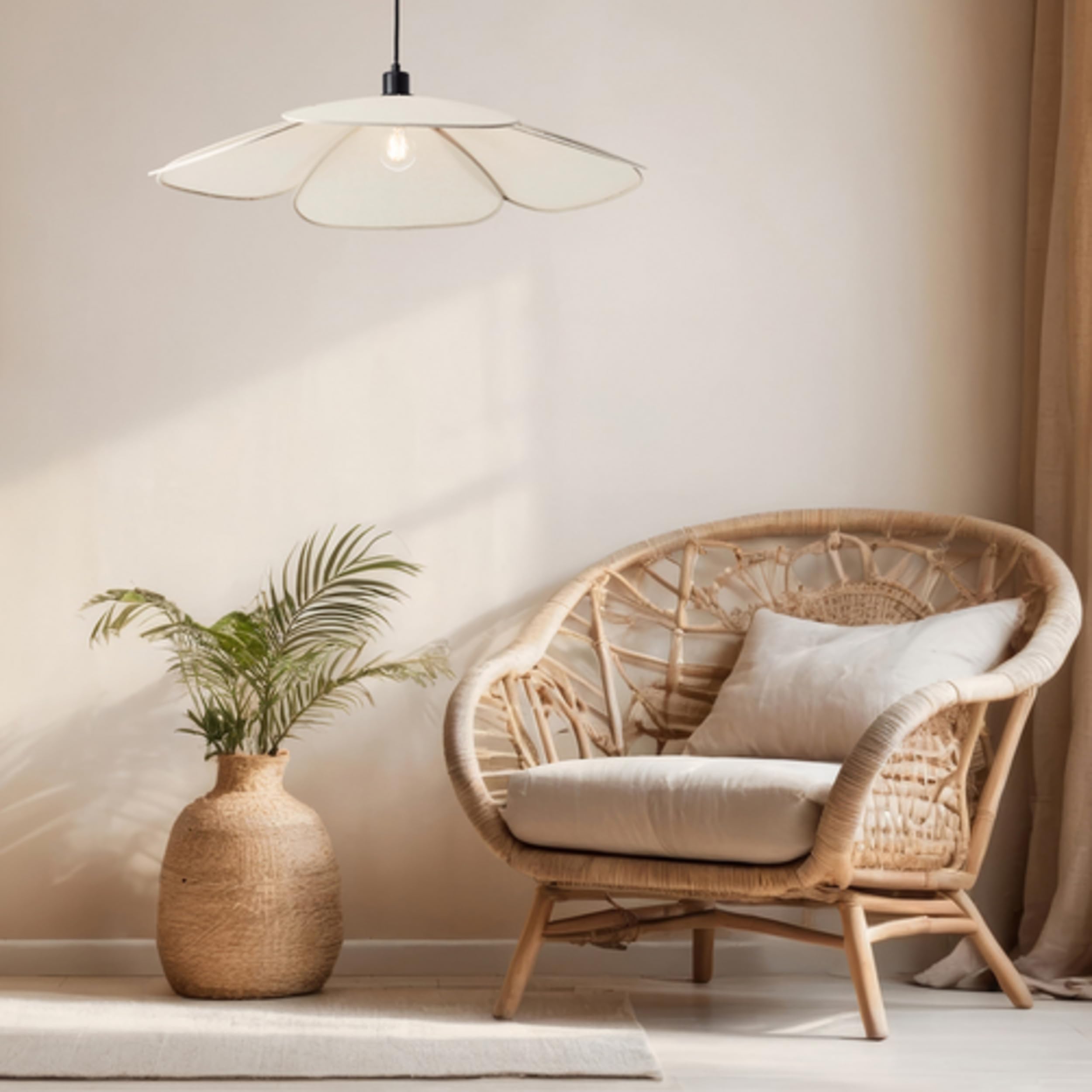 Lightbox Designer-Hängelampe mit blütenförmigem Stoff Lampen-Schirm & kürzbarem Kabel | Ø 77 cm | Pendelleuchte für das Esszimmer oder Wohnzimmer | E27 | aus Textil/Metall| in Beige