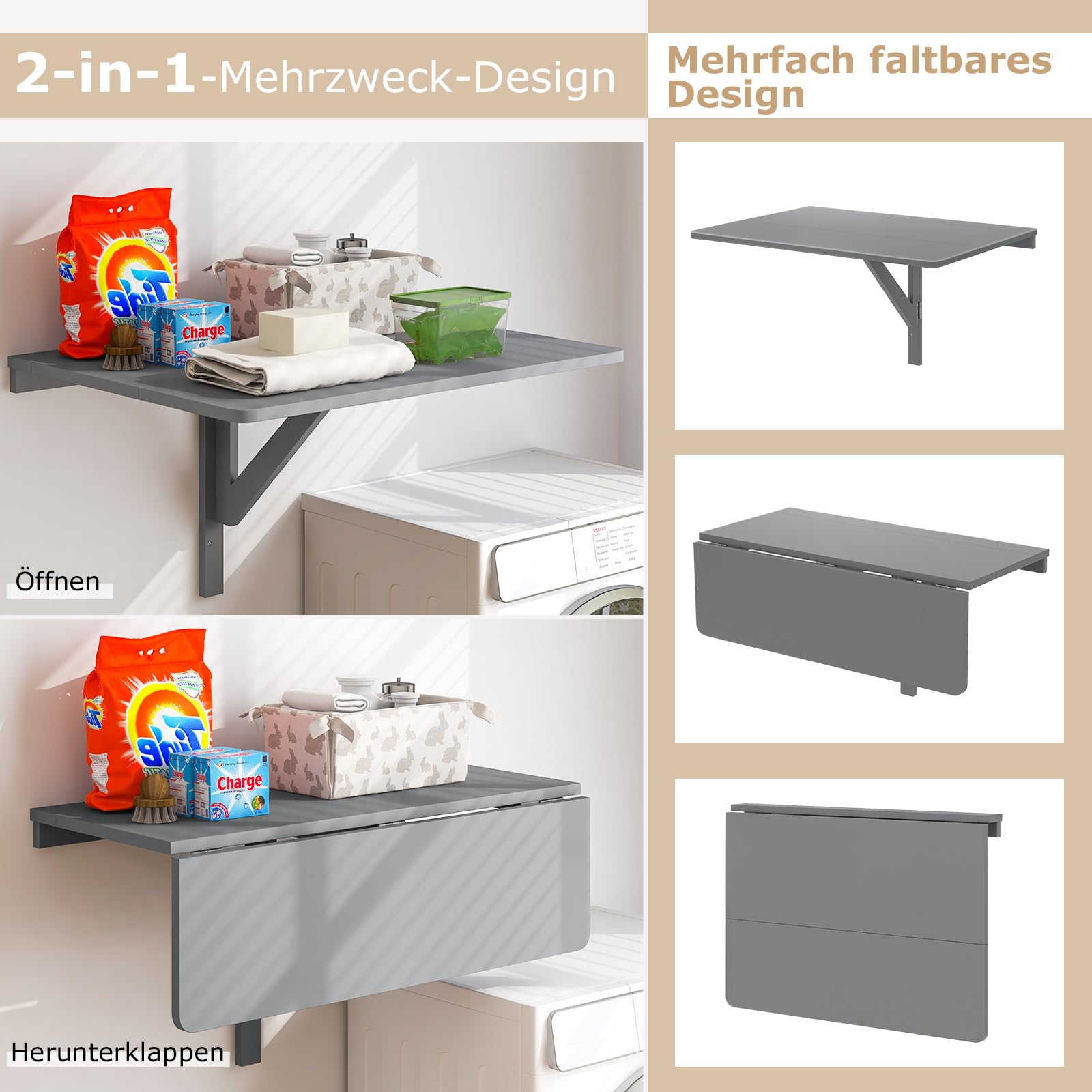COSTWAY Składany stół do montażu na ścianie, 80 x 60 cm, składany stół ścienny, zajmujący mało miejsca stół kuchenny, składany stół ścienny do kuchni, jadalni, gabinetu (kolor szary)