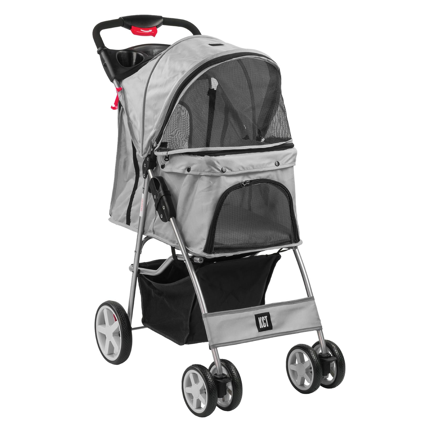 KCT Hooded Foldable Pet Dog Cat Stroller Grey- 4 Wheel Travel Carriage with Safety Leash,Canopy, Cup Holder, Storage Tray