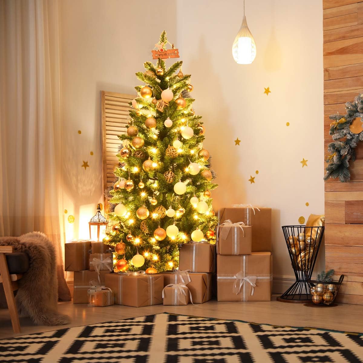 DORTALA Pre-lit Pencil Christmas Tree, 5 FT Artificial Skinny Xmas Tree with 150 Warm-White LED Lights, 300 Branch Tips, Metal Stand, Slim Holiday Decor Tree for Home Office, Green